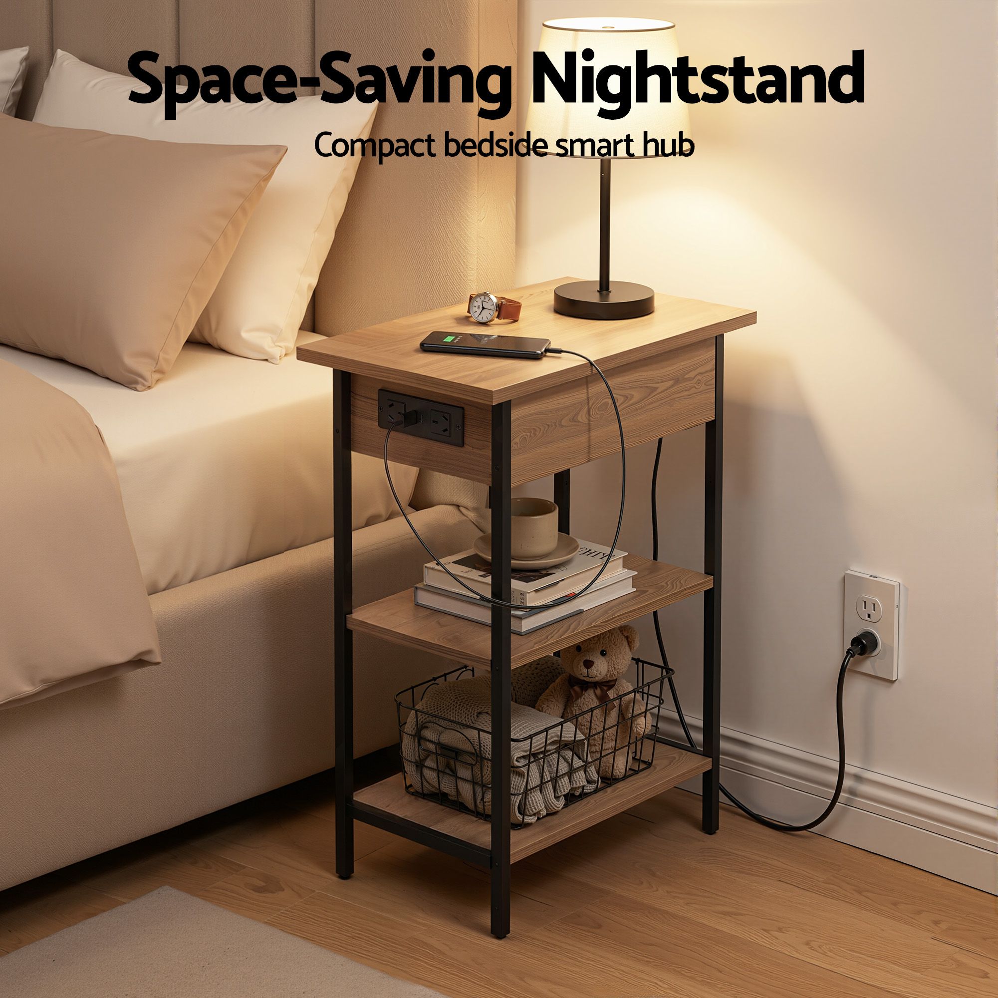Artiss Coffee Table Side Bedside End Table Charging Station Flip-Top Storage 60cm Wood - Image 5