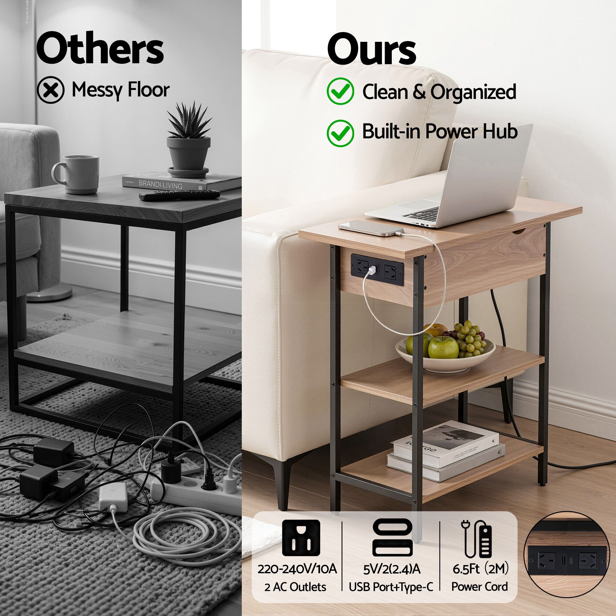 Artiss Coffee Table Side Bedside End Table Charging Station Flip-Top Storage 60cm Wood - Image 6