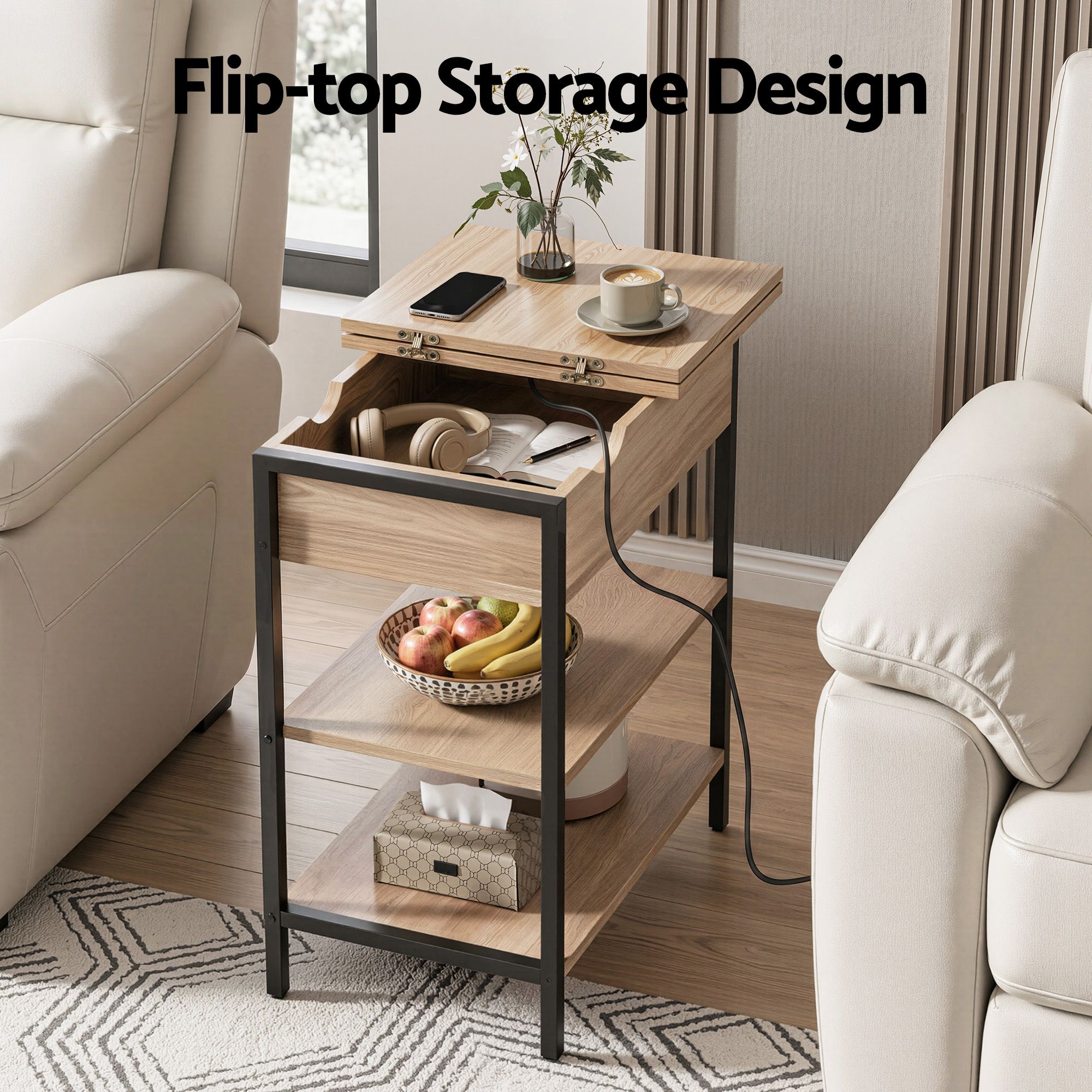Artiss Coffee Table Side Bedside End Table Charging Station Flip-Top Storage 60cm Wood - Image 7