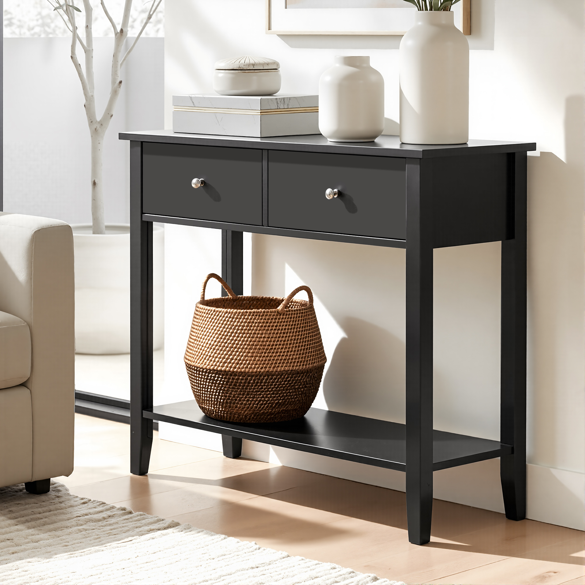 Artiss Console Table Hallway Sofa Entryway Entrance 2 Drawers 80CM Black - Image 1
