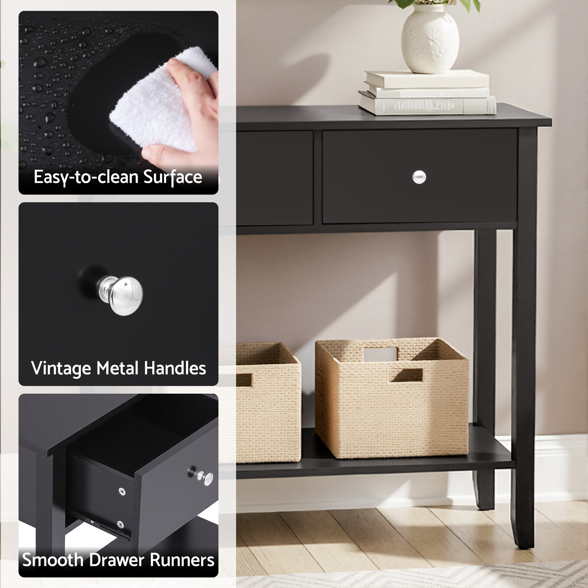 Artiss Console Table Hallway Sofa Entryway Entrance 3 Drawers 100CM Black - Image 7