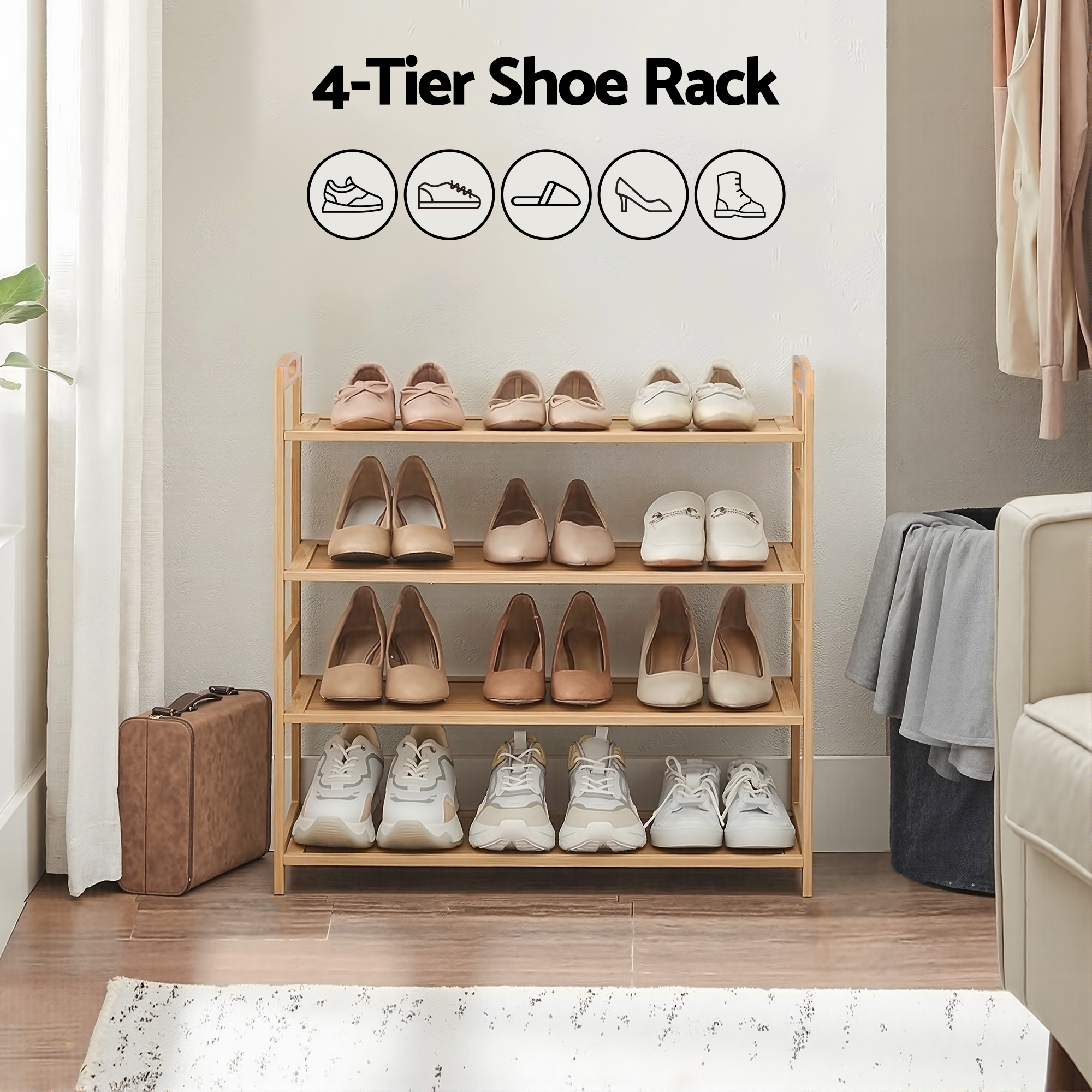 Artiss 4 Tier Shoe Rack Bamboo Storage Organiser Pine - Image 5