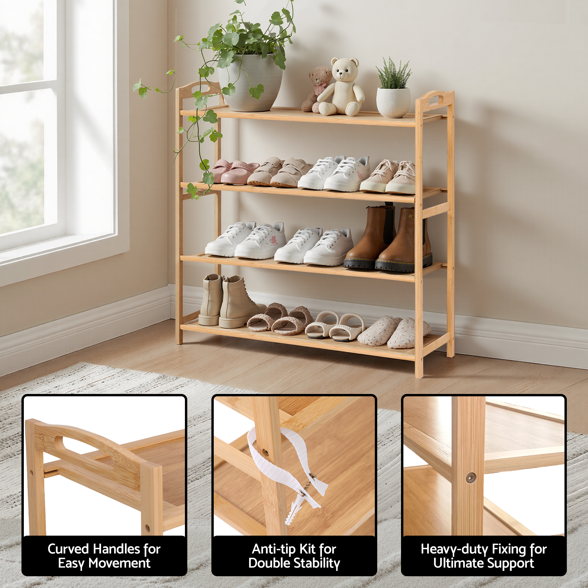 Artiss 4 Tier Shoe Rack Bamboo Storage Organiser Pine - Image 7