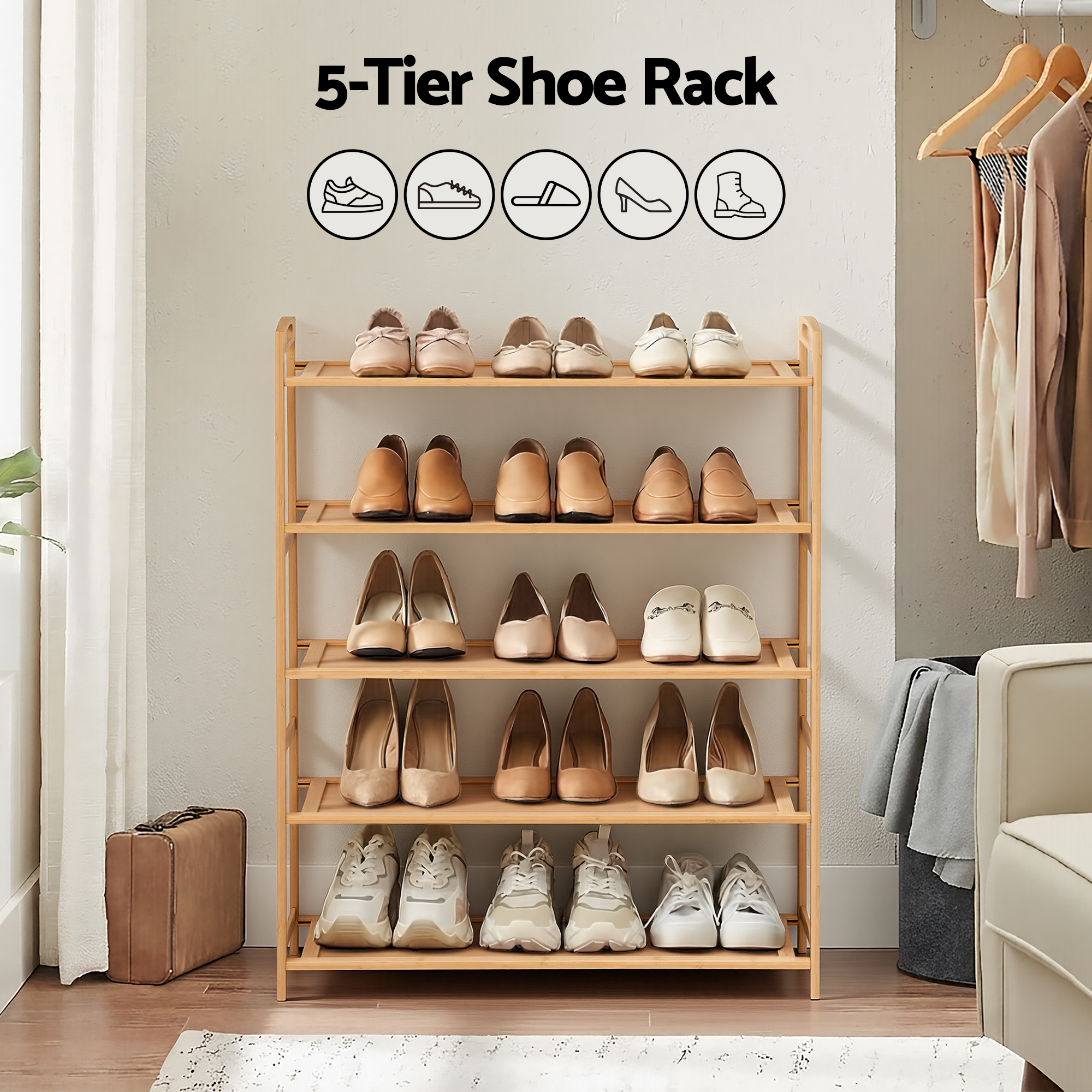 Artiss 5 Tier Shoe Rack Bamboo Storage Organiser Pine - Image 5