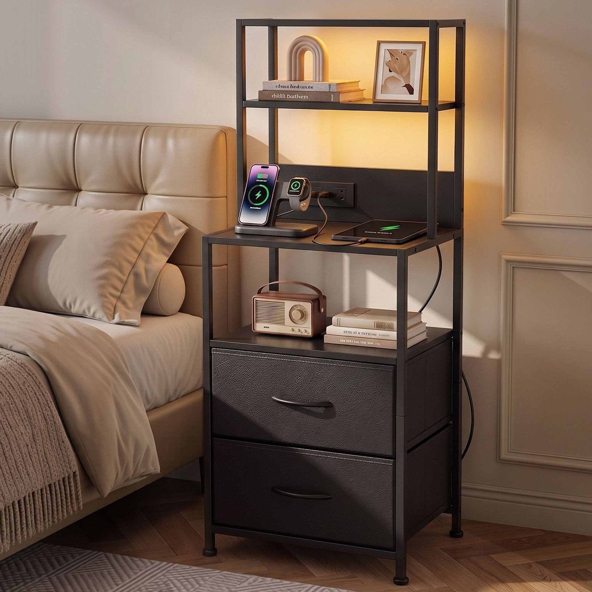 Artiss Bedside Table Tall Nightstand with Charging Station Drawers LED Black - Image 1