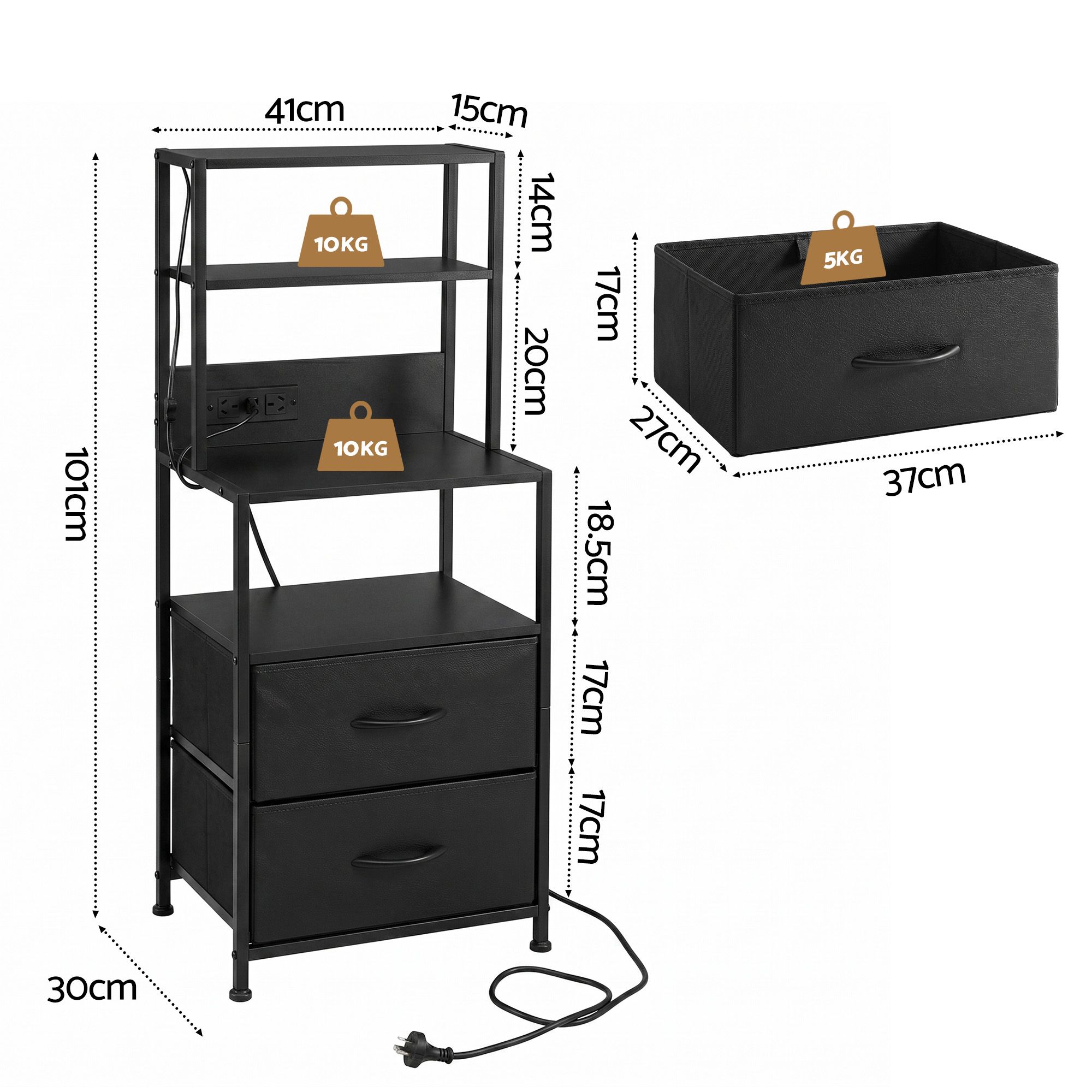 Artiss Bedside Table Tall Nightstand with Charging Station Drawers LED Black - Image 3