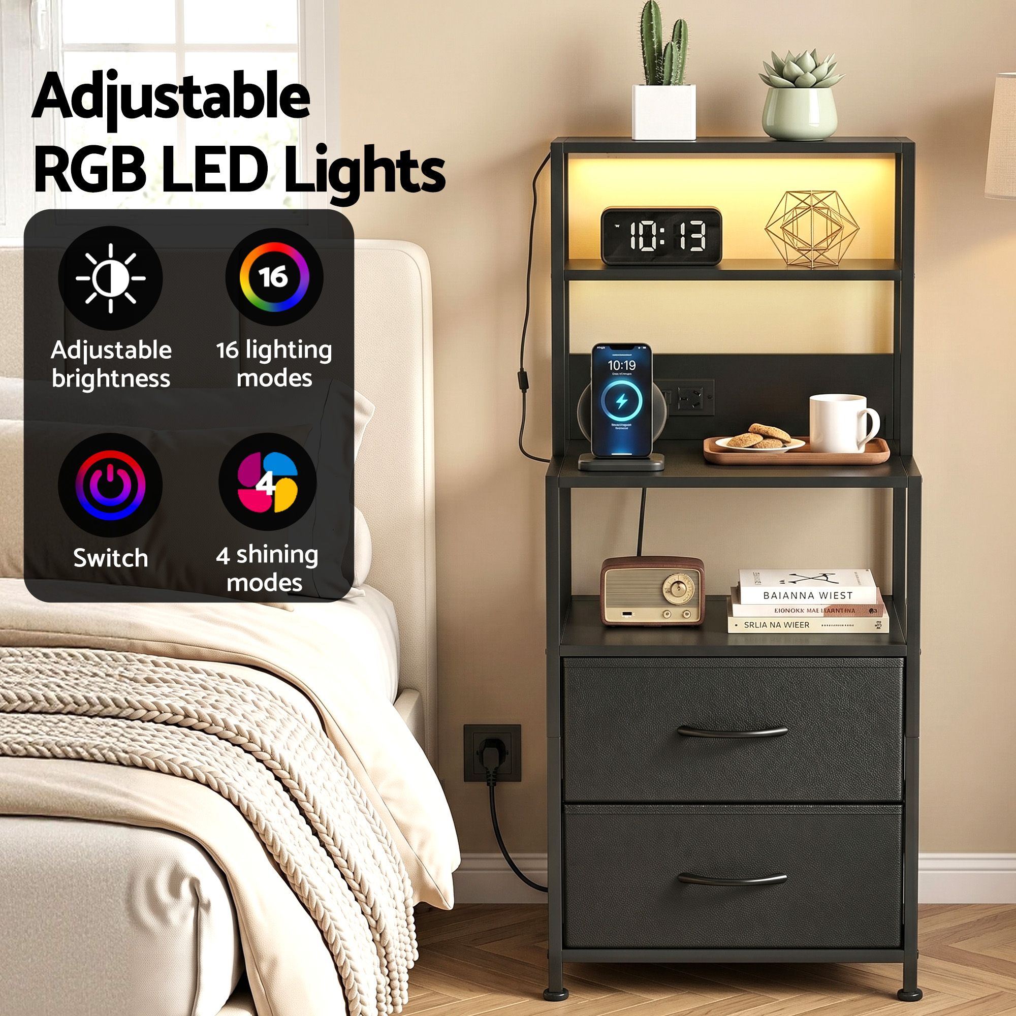 Artiss Bedside Table Tall Nightstand with Charging Station Drawers LED Black - Image 5