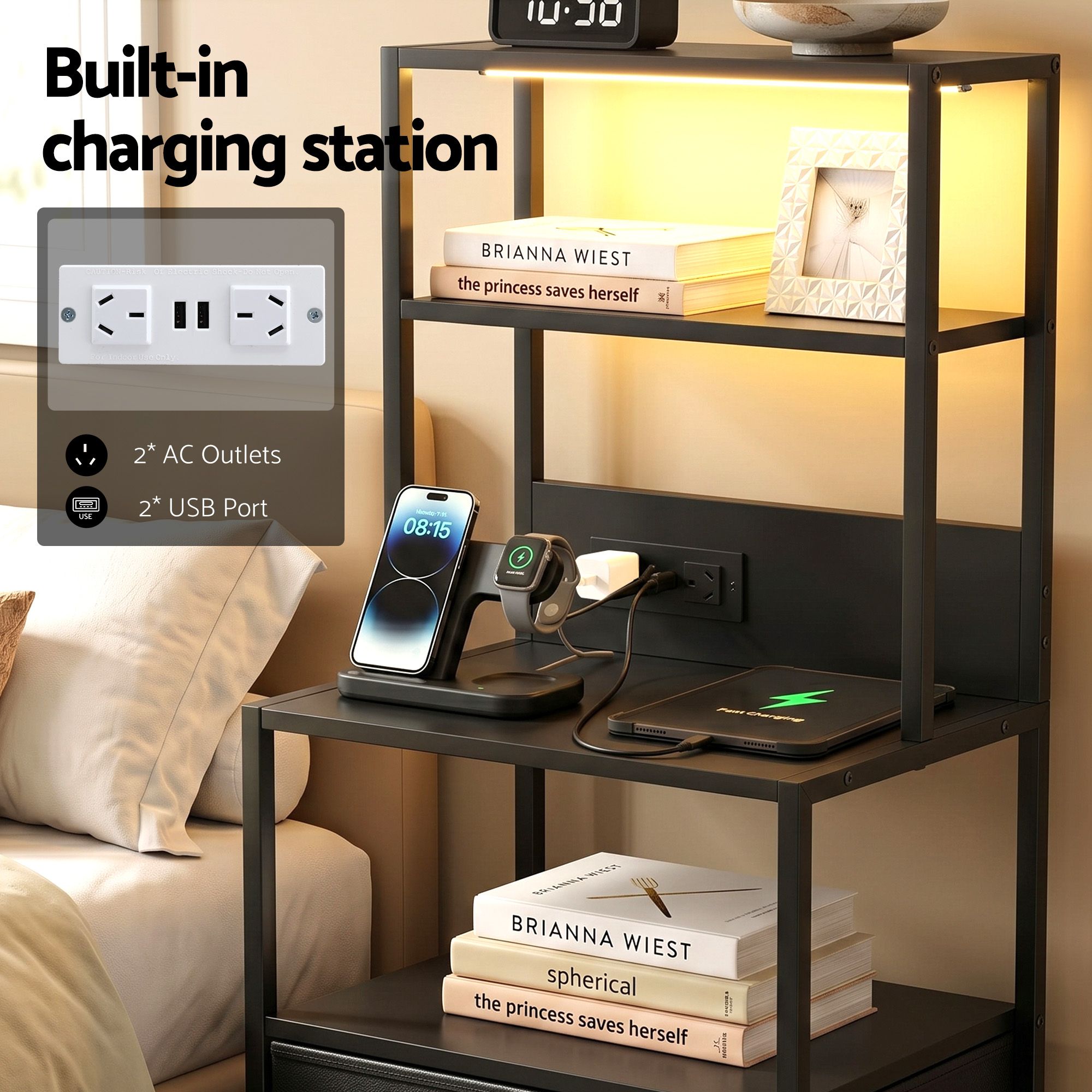 Artiss Bedside Table Tall Nightstand with Charging Station Drawers LED Black - Image 6
