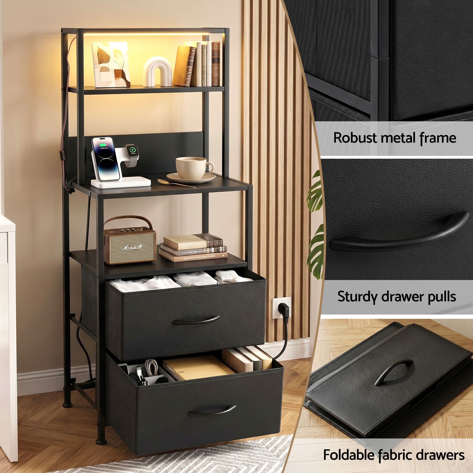 Artiss Bedside Table Tall Nightstand with Charging Station Drawers LED Black - Image 7