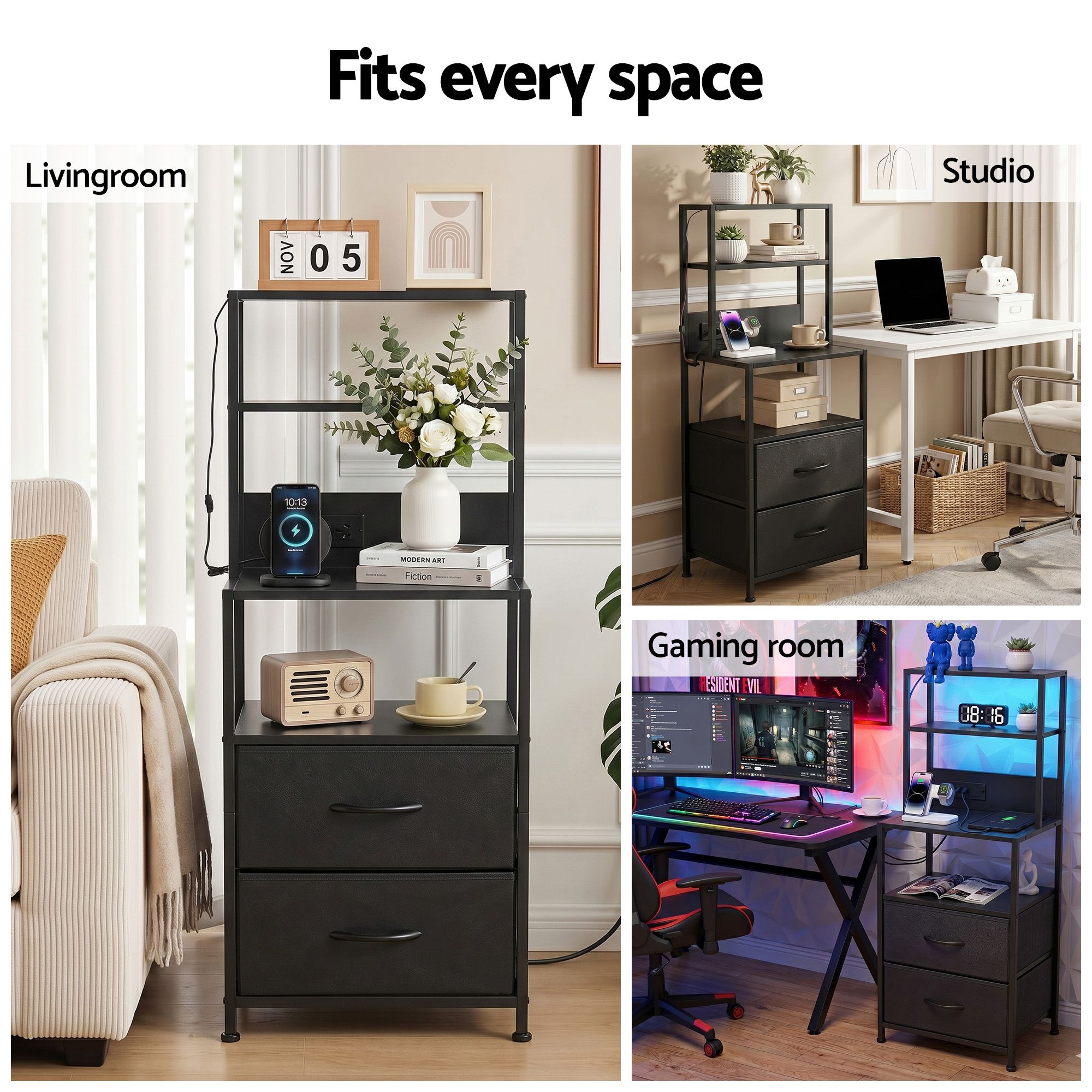 Artiss Bedside Table Tall Nightstand with Charging Station Drawers LED Black - Image 8