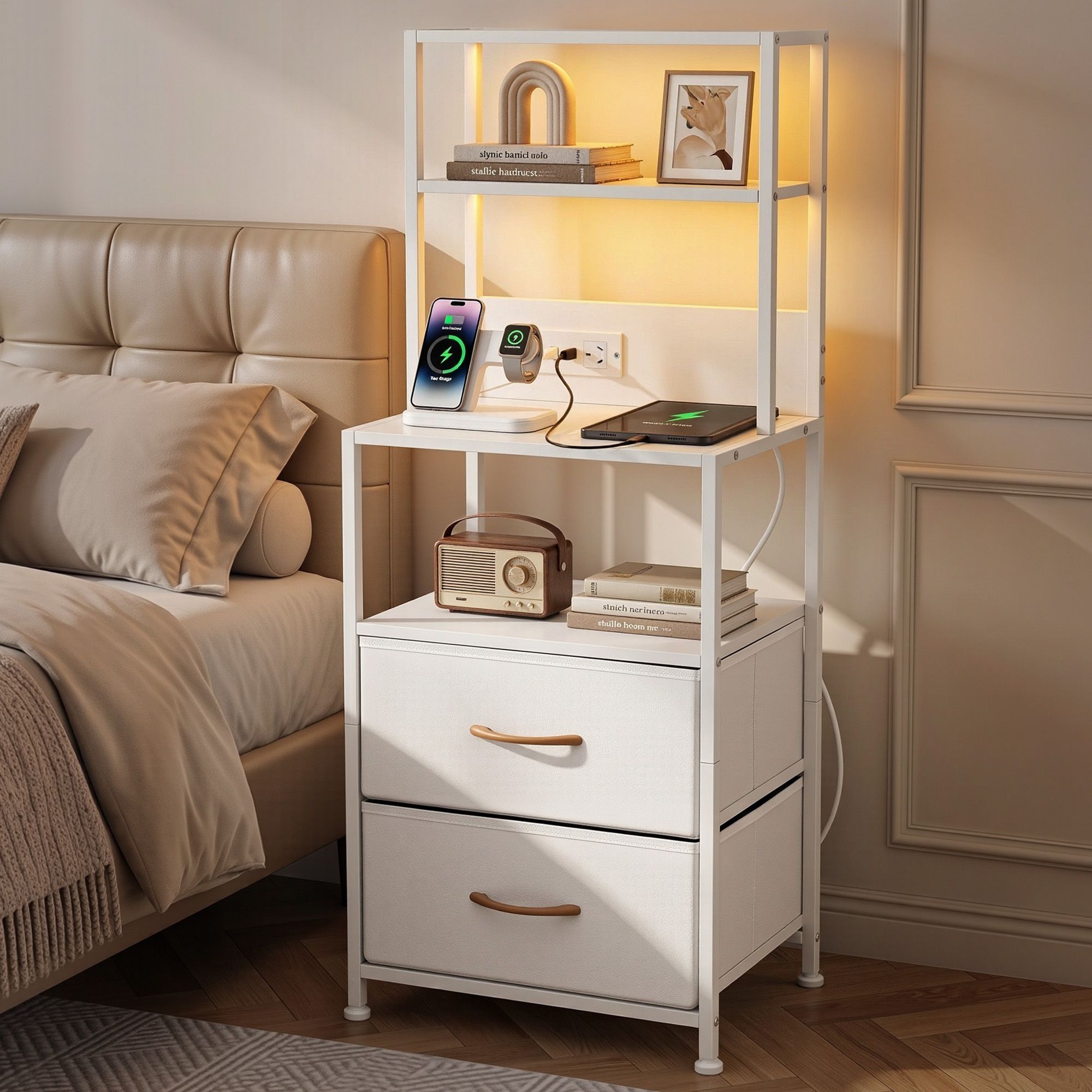 Artiss Bedside Table Tall Nightstand with Charging Station Drawers LED White - Image 1