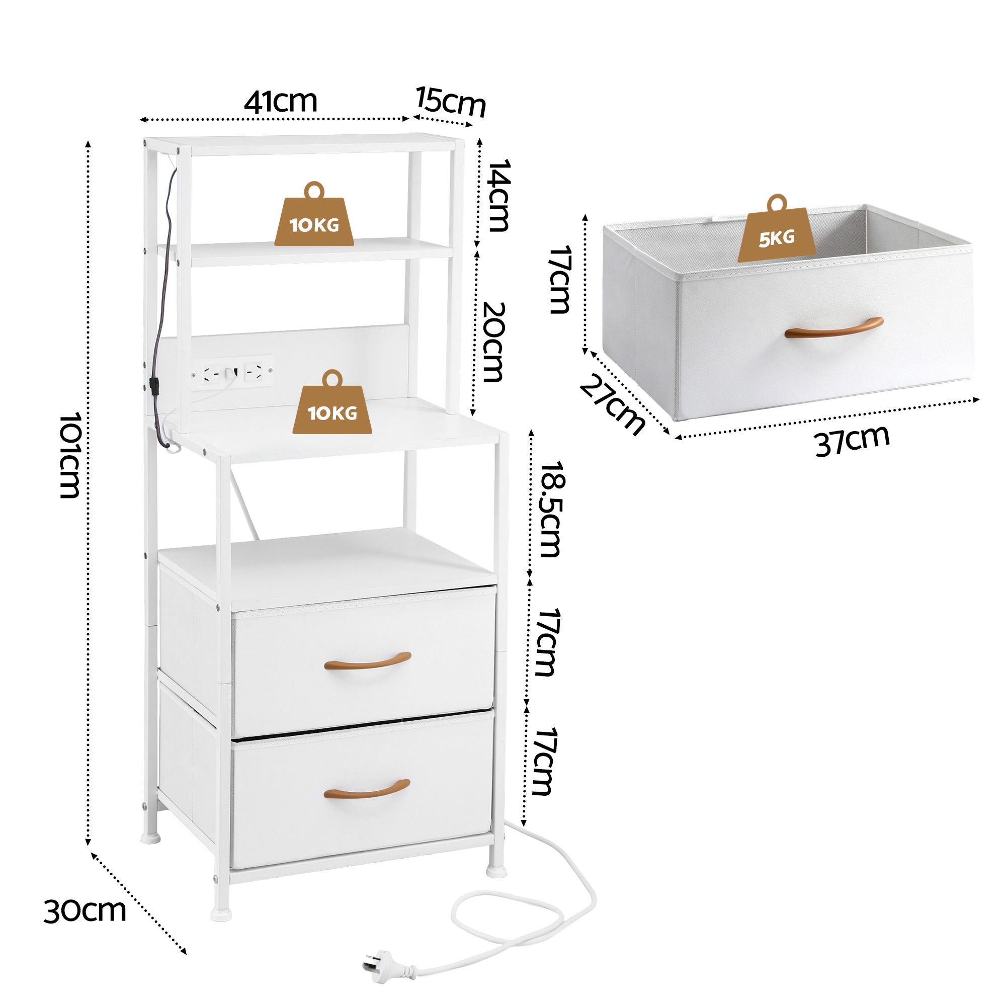Artiss Bedside Table Tall Nightstand with Charging Station Drawers LED White - Image 3