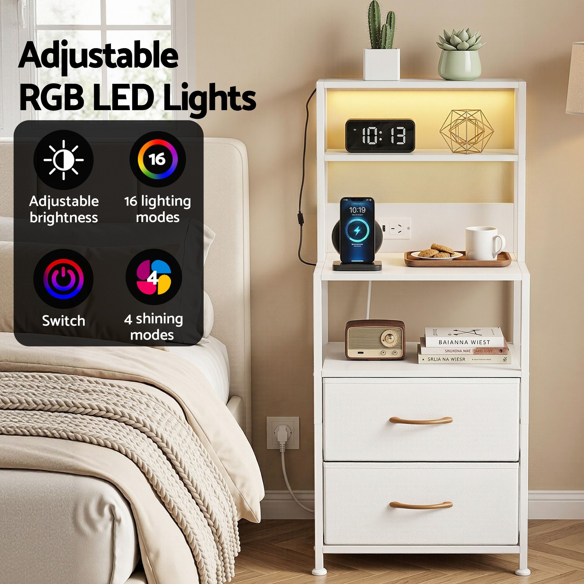 Artiss Bedside Table Tall Nightstand with Charging Station Drawers LED White - Image 5