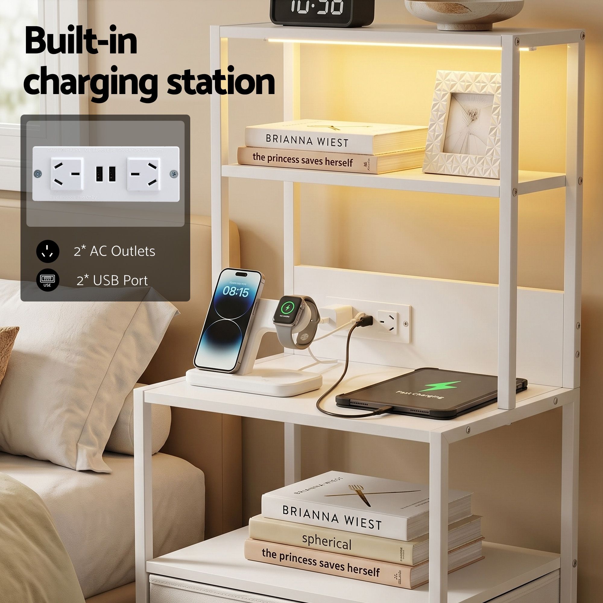 Artiss Bedside Table Tall Nightstand with Charging Station Drawers LED White - Image 6