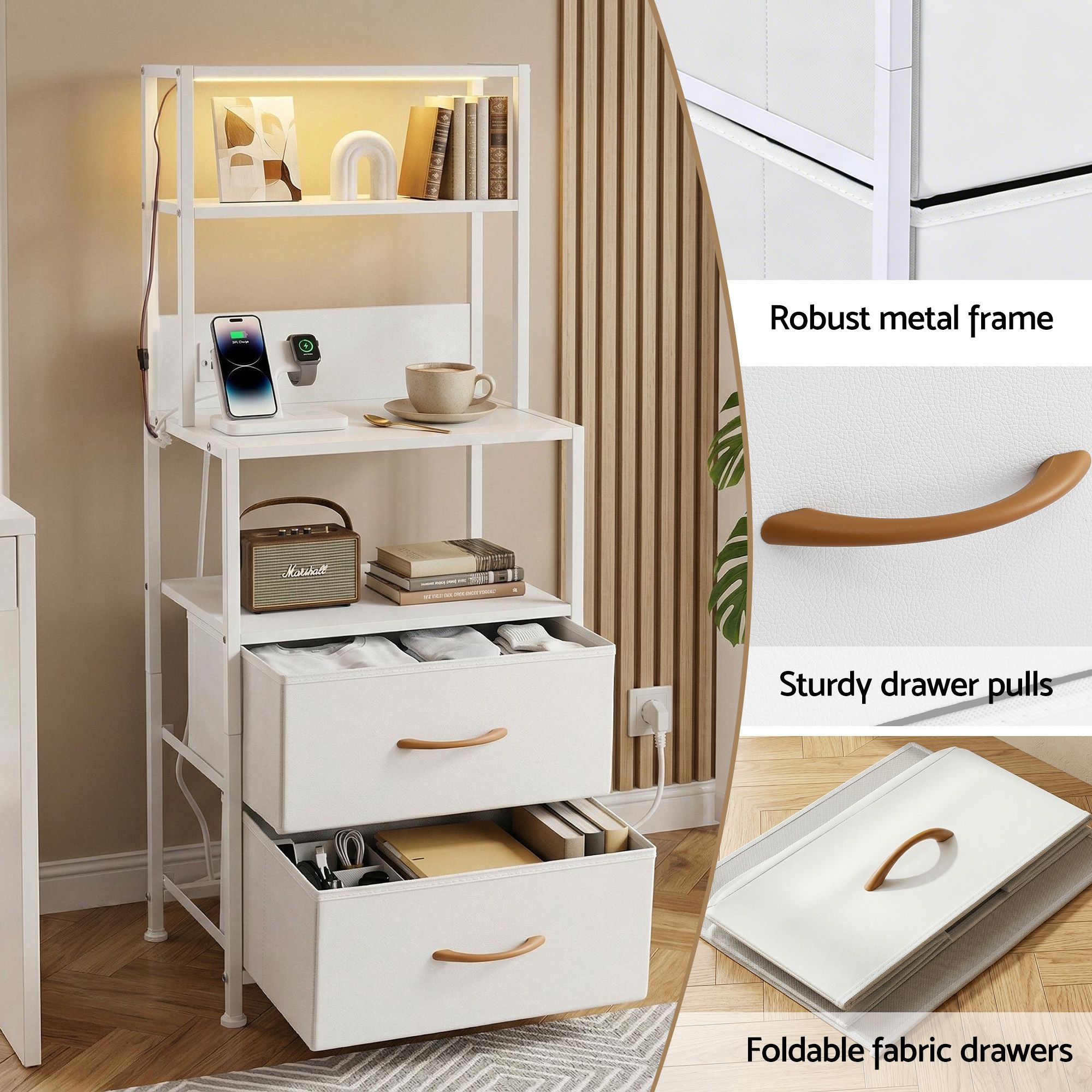 Artiss Bedside Table Tall Nightstand with Charging Station Drawers LED White - Image 7