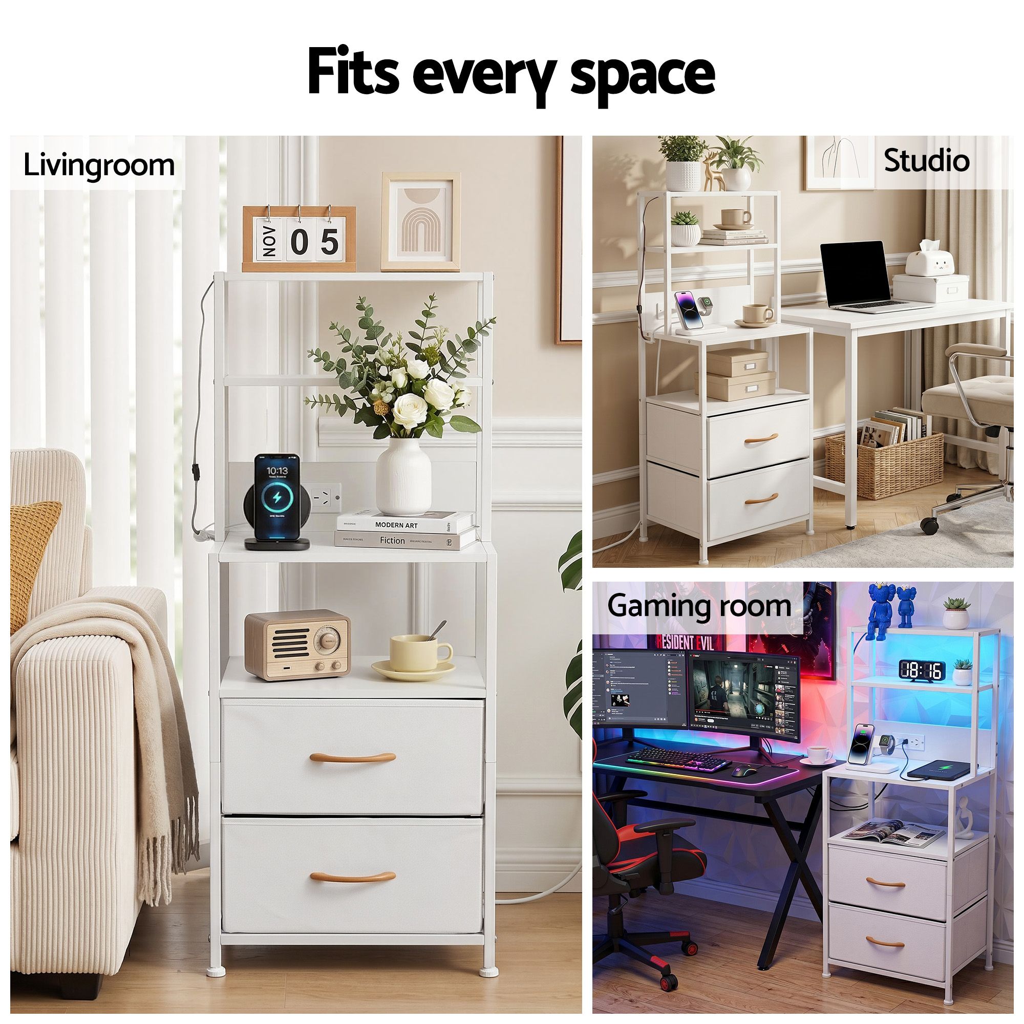 Artiss Bedside Table Tall Nightstand with Charging Station Drawers LED White - Image 8