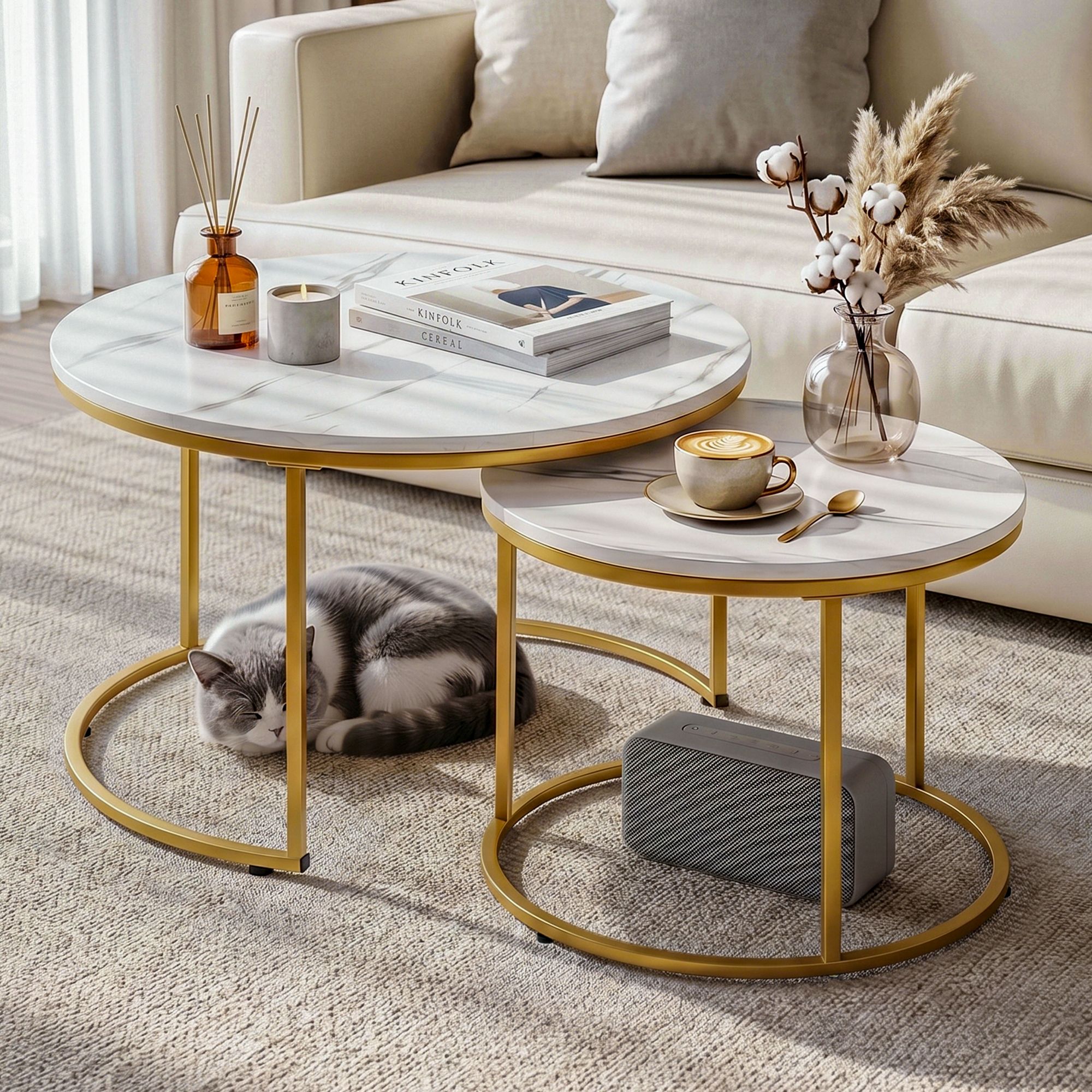 Artiss Nesting Coffee Table Set of 2 Round Marble Effect 70/50cm White & Gold - Image 1