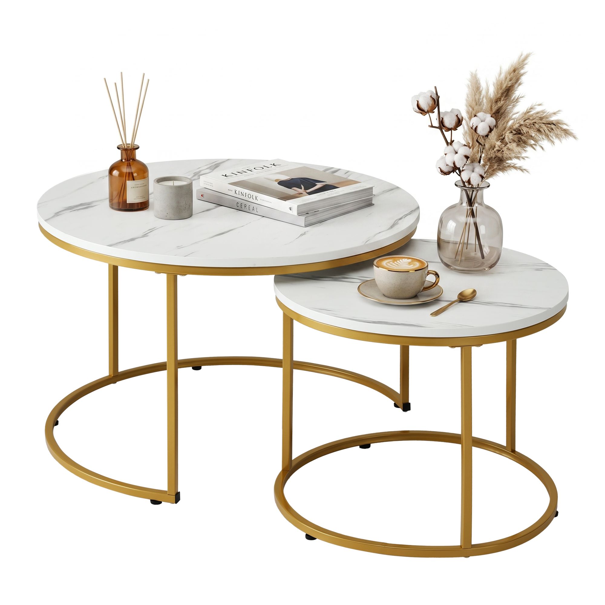Artiss Nesting Coffee Table Set of 2 Round Marble Effect 70/50cm White & Gold - Image 2