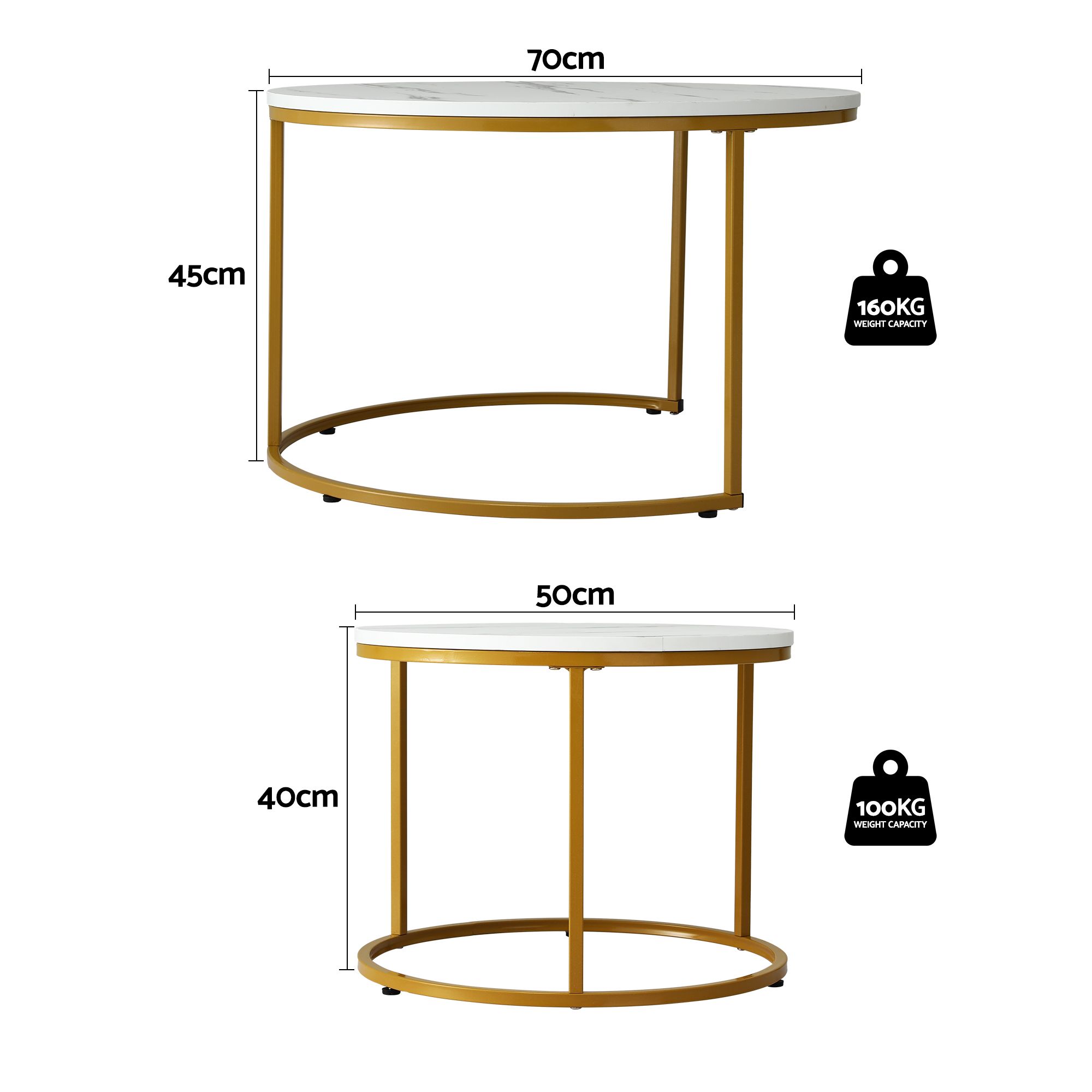 Artiss Nesting Coffee Table Set of 2 Round Marble Effect 70/50cm White & Gold - Image 3