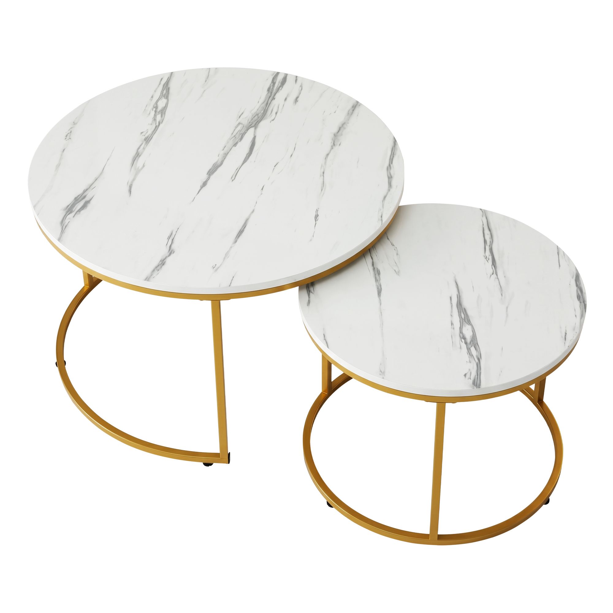 Artiss Nesting Coffee Table Set of 2 Round Marble Effect 70/50cm White & Gold - Image 4