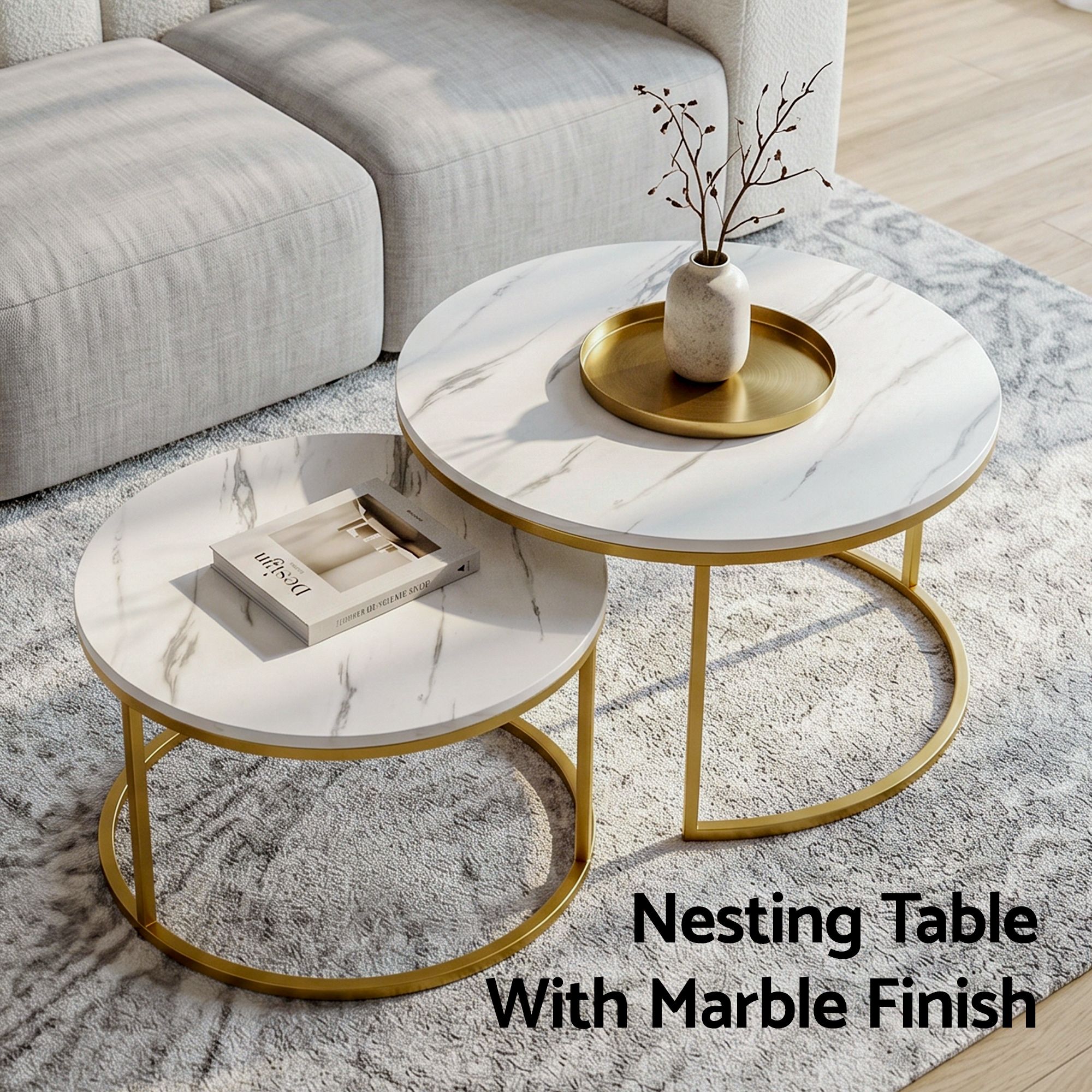 Artiss Nesting Coffee Table Set of 2 Round Marble Effect 70/50cm White & Gold - Image 5