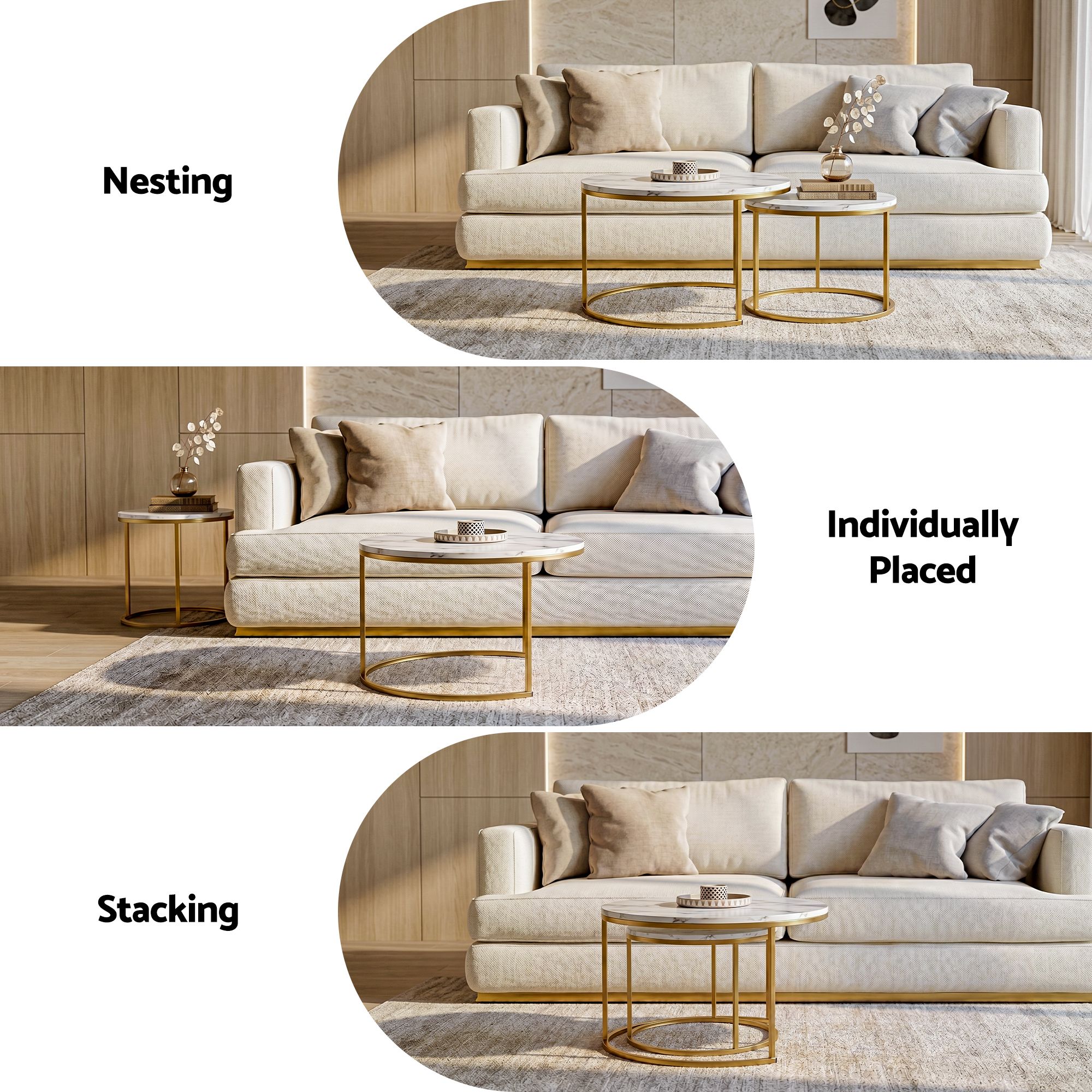 Artiss Nesting Coffee Table Set of 2 Round Marble Effect 70/50cm White & Gold - Image 6