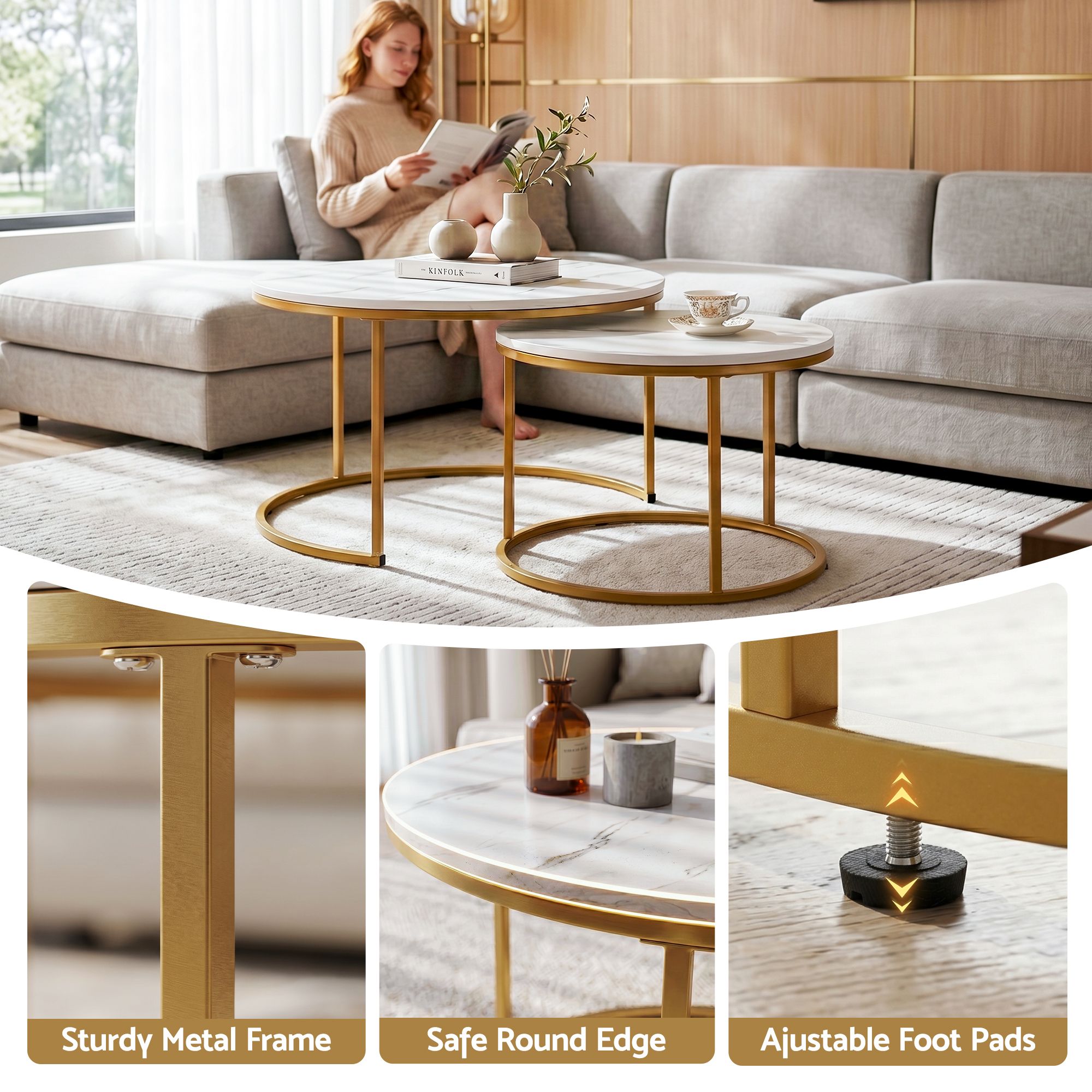 Artiss Nesting Coffee Table Set of 2 Round Marble Effect 70/50cm White & Gold - Image 7