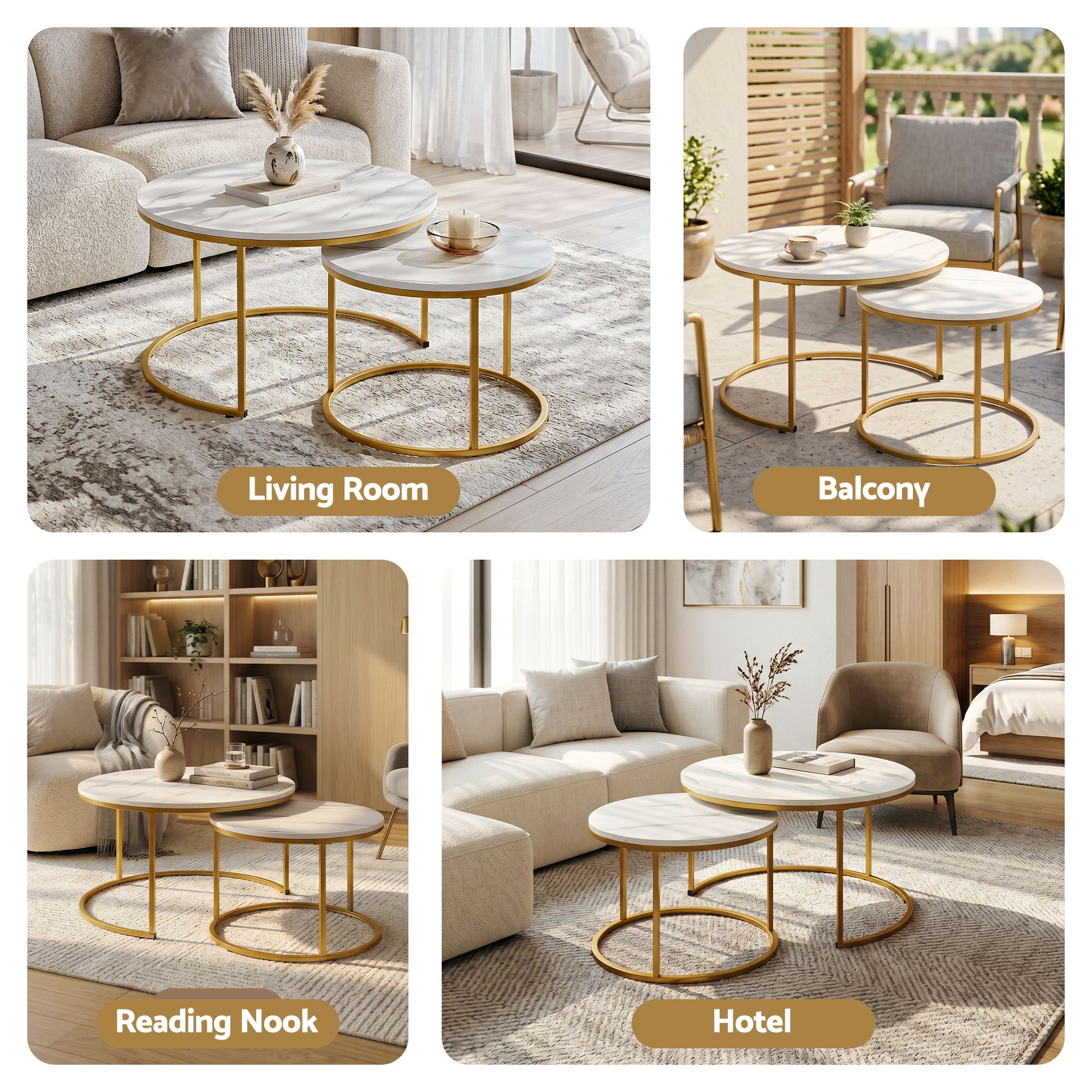 Artiss Nesting Coffee Table Set of 2 Round Marble Effect 70/50cm White & Gold - Image 8