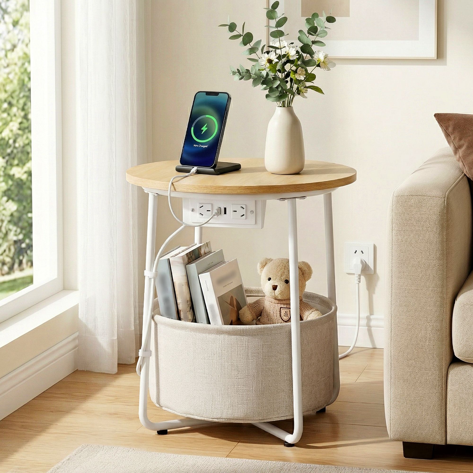 Artiss Round Coffee Table Side End Table Charging Station Storage Basket - Image 1