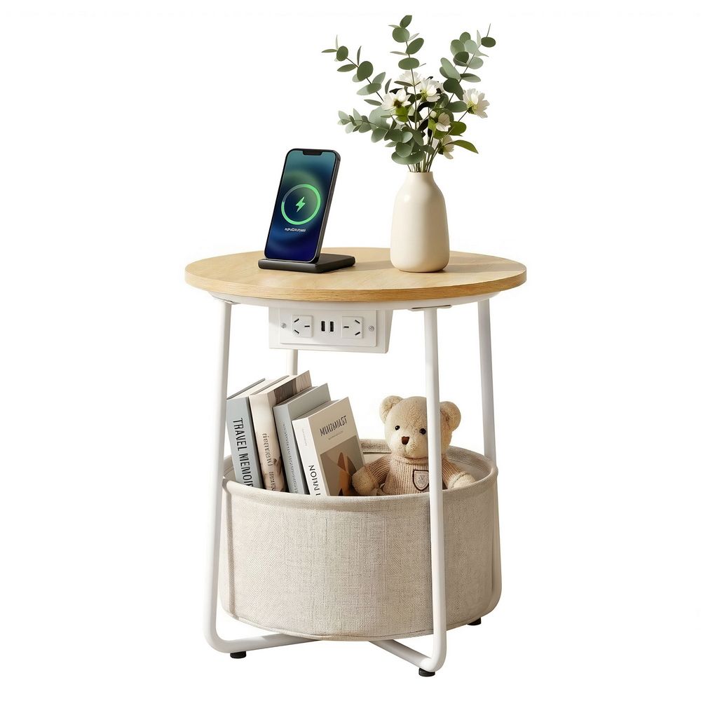 Artiss Round Coffee Table Side End Table Charging Station Storage Basket - Image 2