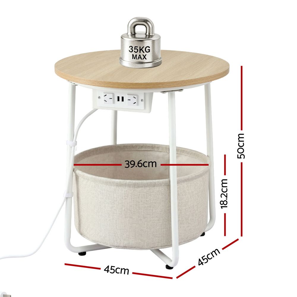 Artiss Round Coffee Table Side End Table Charging Station Storage Basket - Image 3