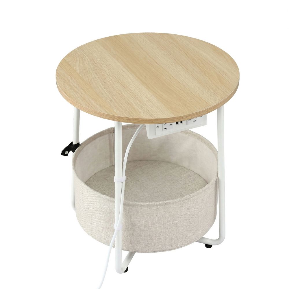 Artiss Round Coffee Table Side End Table Charging Station Storage Basket - Image 4