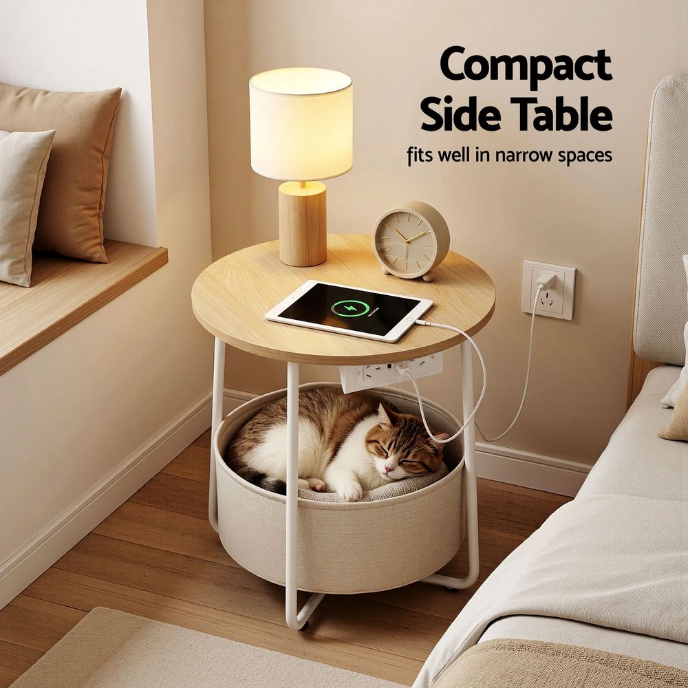 Artiss Round Coffee Table Side End Table Charging Station Storage Basket - Image 5