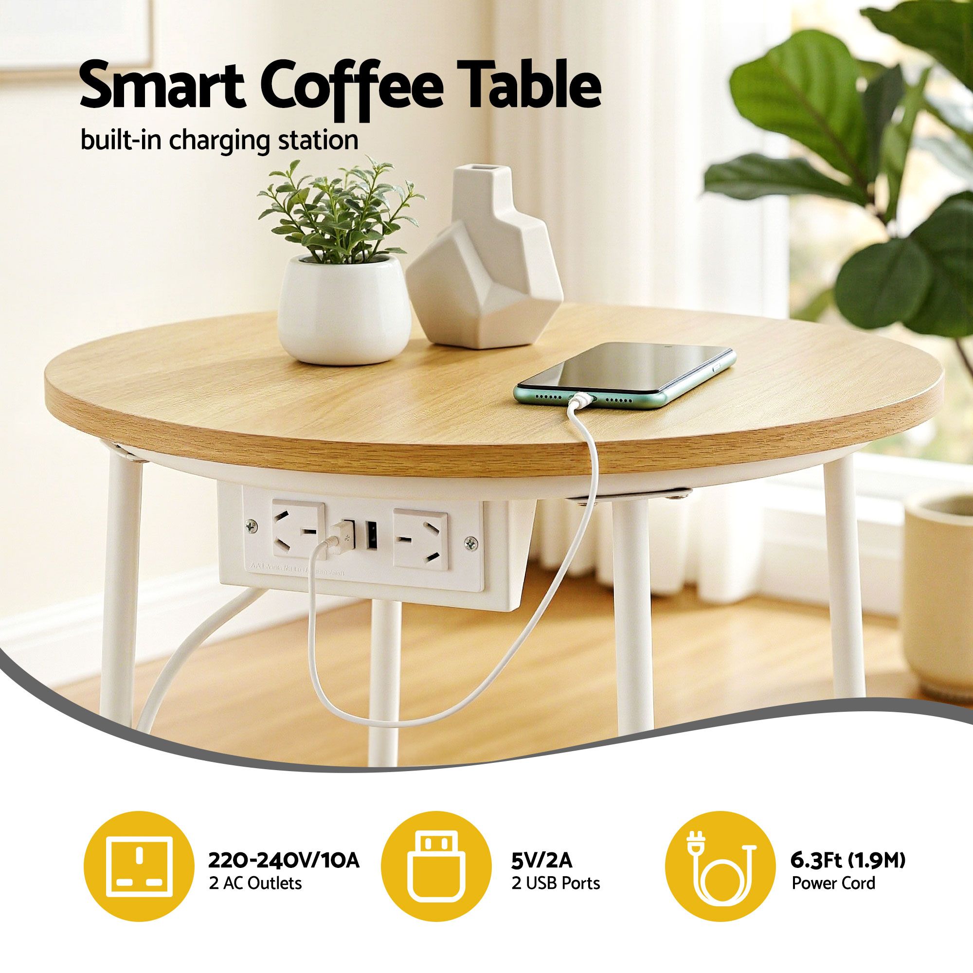 Artiss Round Coffee Table Side End Table Charging Station Storage Basket - Image 6