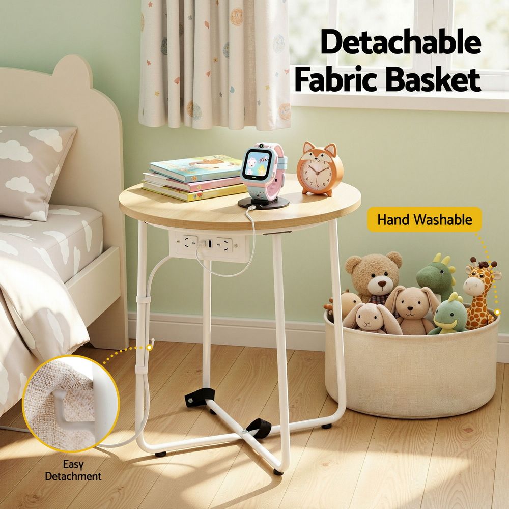 Artiss Round Coffee Table Side End Table Charging Station Storage Basket - Image 7