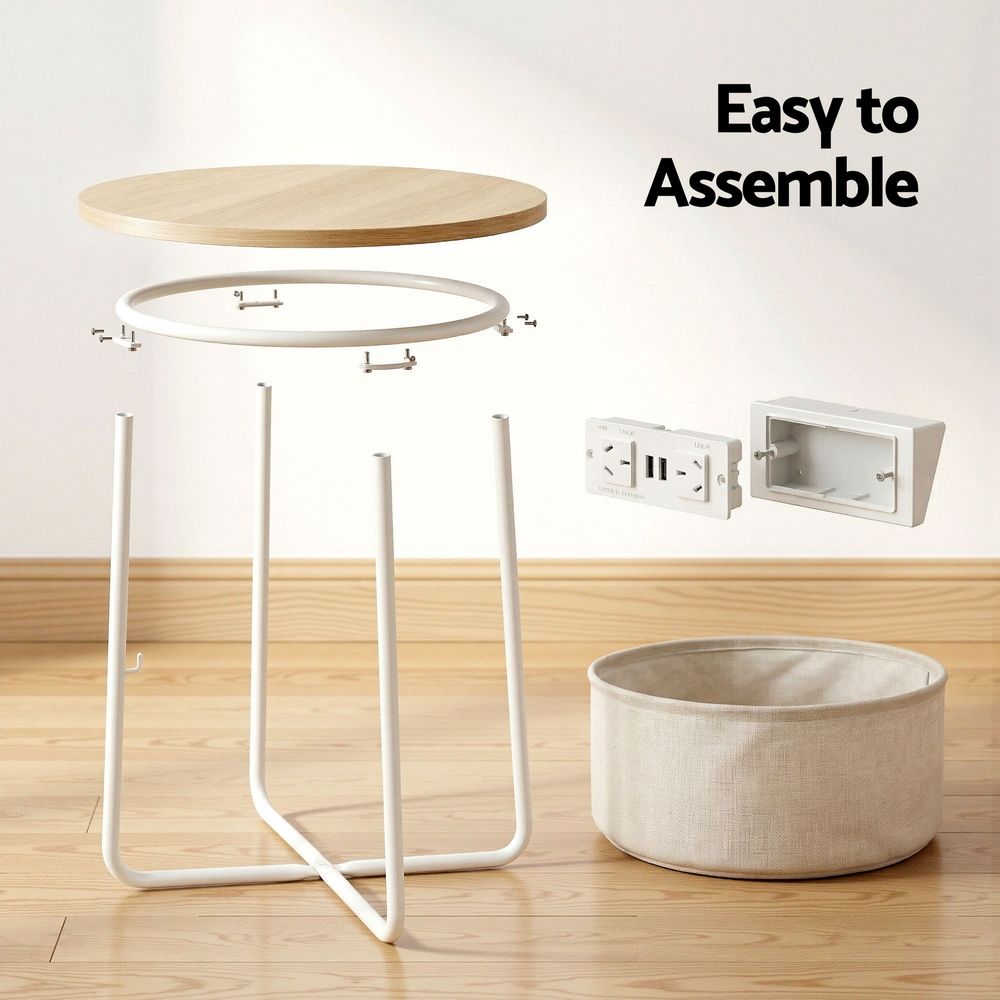 Artiss Round Coffee Table Side End Table Charging Station Storage Basket - Image 8