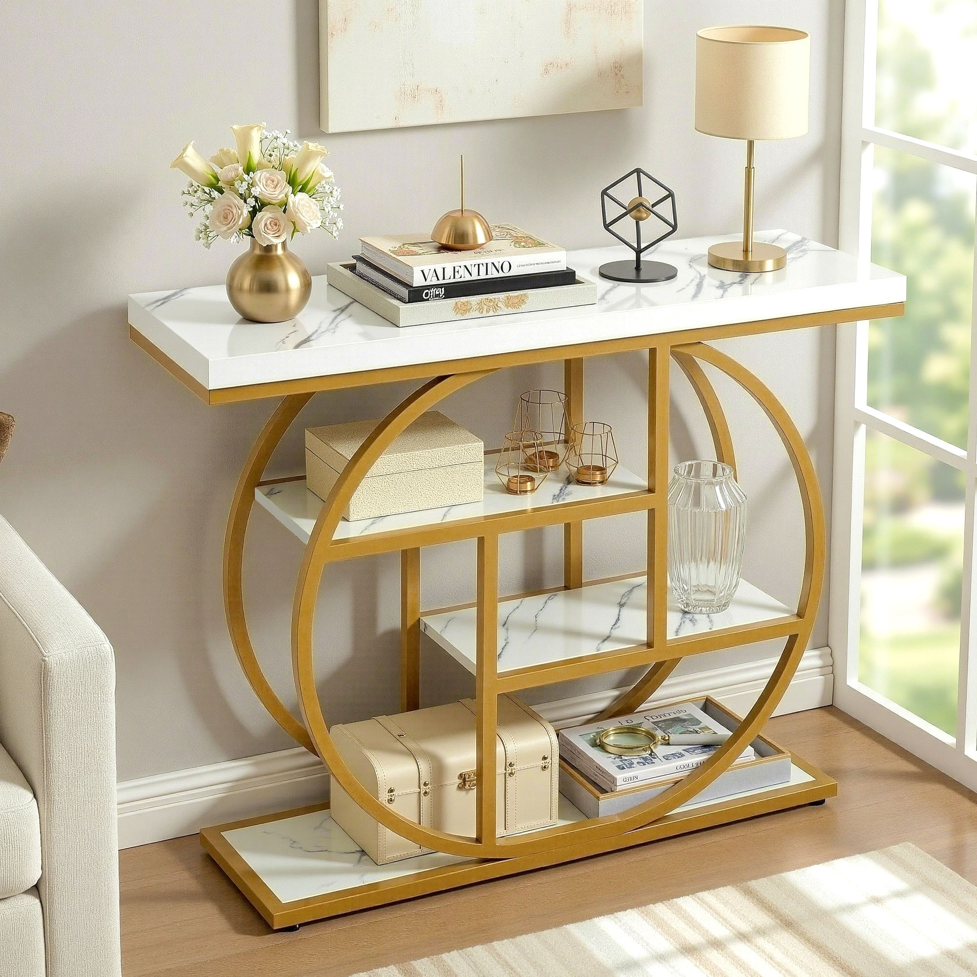 Artiss Console Table Marble Effect 4-Tier Shelves 105CM White&Gold - Image 1