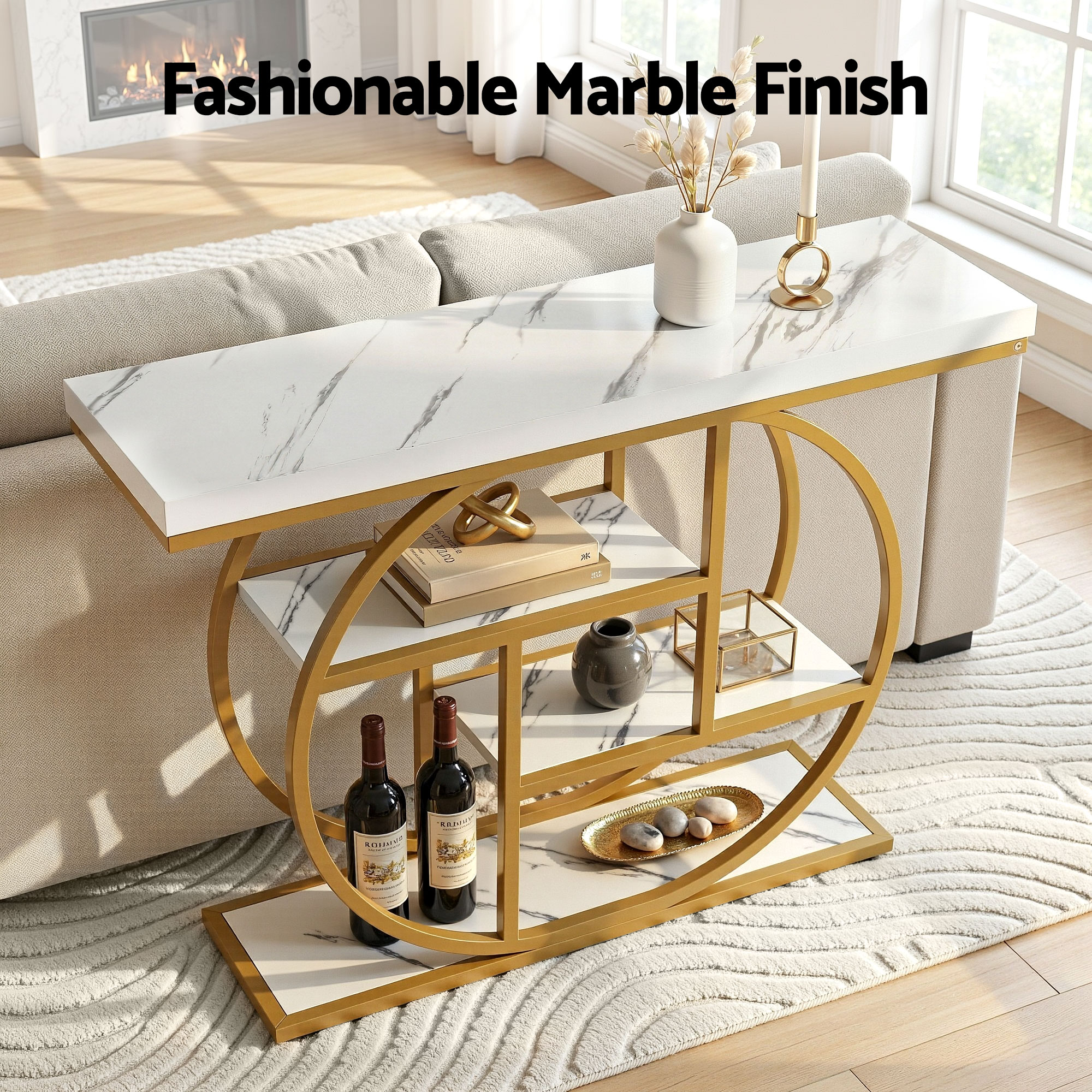 Artiss Console Table Marble Effect 4-Tier Shelves 105CM White&Gold - Image 5