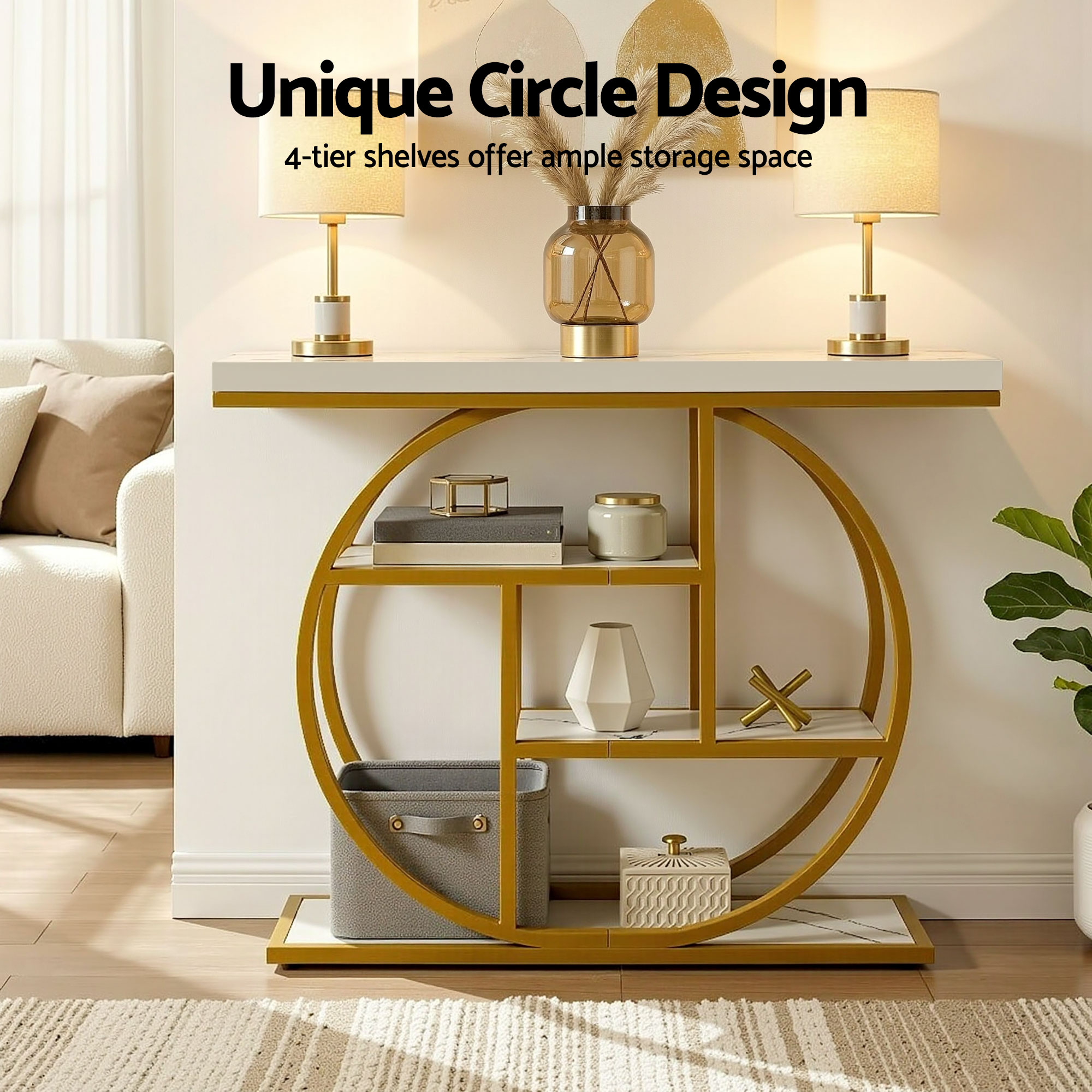 Artiss Console Table Marble Effect 4-Tier Shelves 105CM White&Gold - Image 6