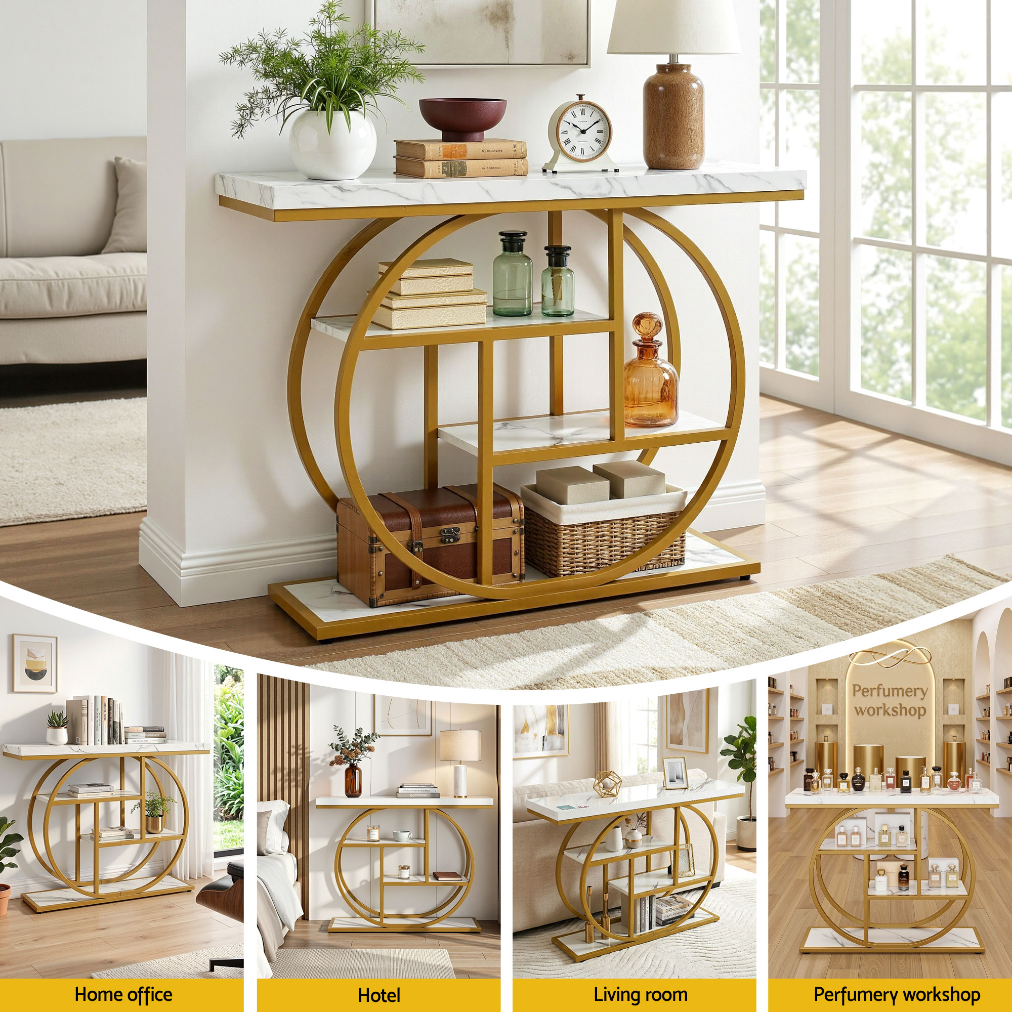 Artiss Console Table Marble Effect 4-Tier Shelves 105CM White&Gold - Image 8