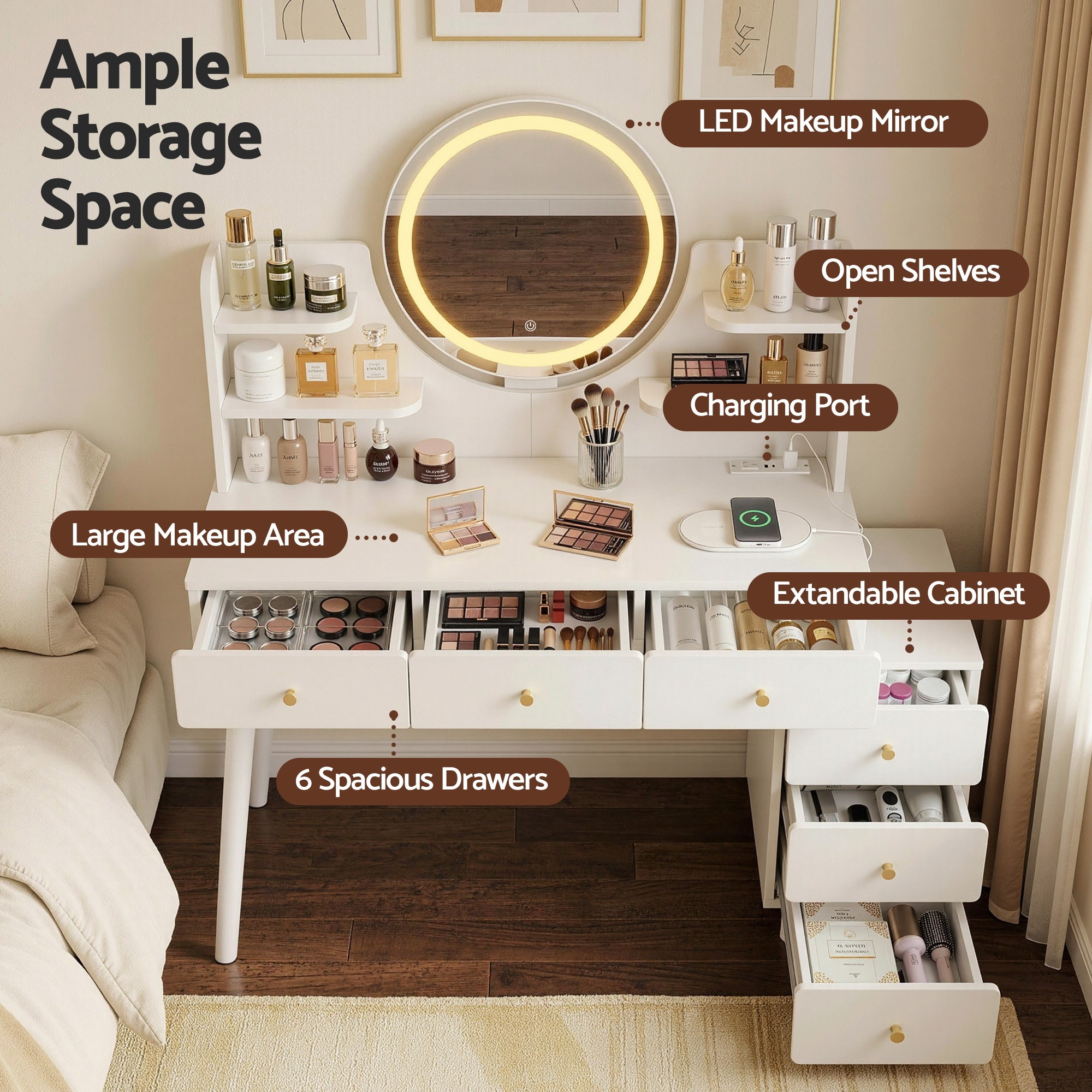 Artiss Dressing Table Vanity Desk LED Charging Station White - Image 6