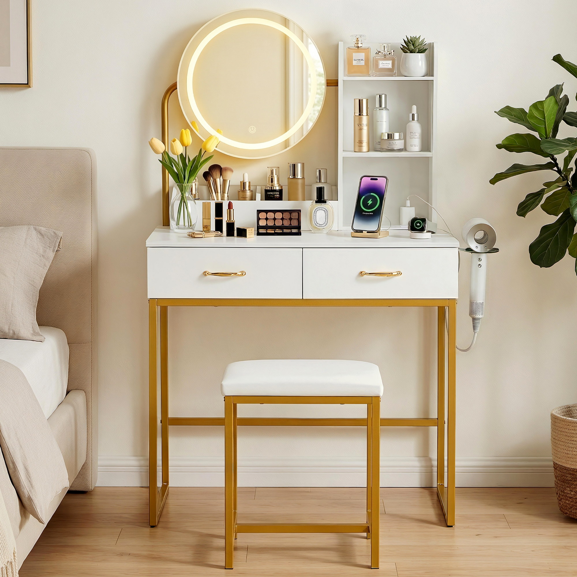 Artiss Dressing Table Vanity Desk Set Stool LED Charging Station White - Image 1