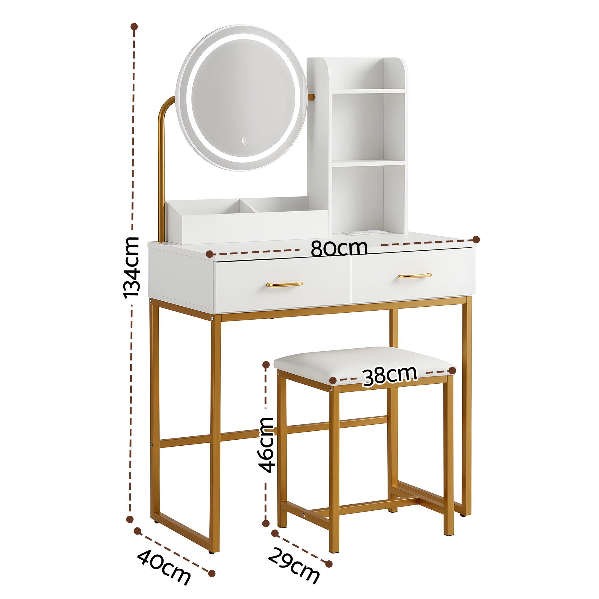 Artiss Dressing Table Vanity Desk Set Stool LED Charging Station White - Image 3