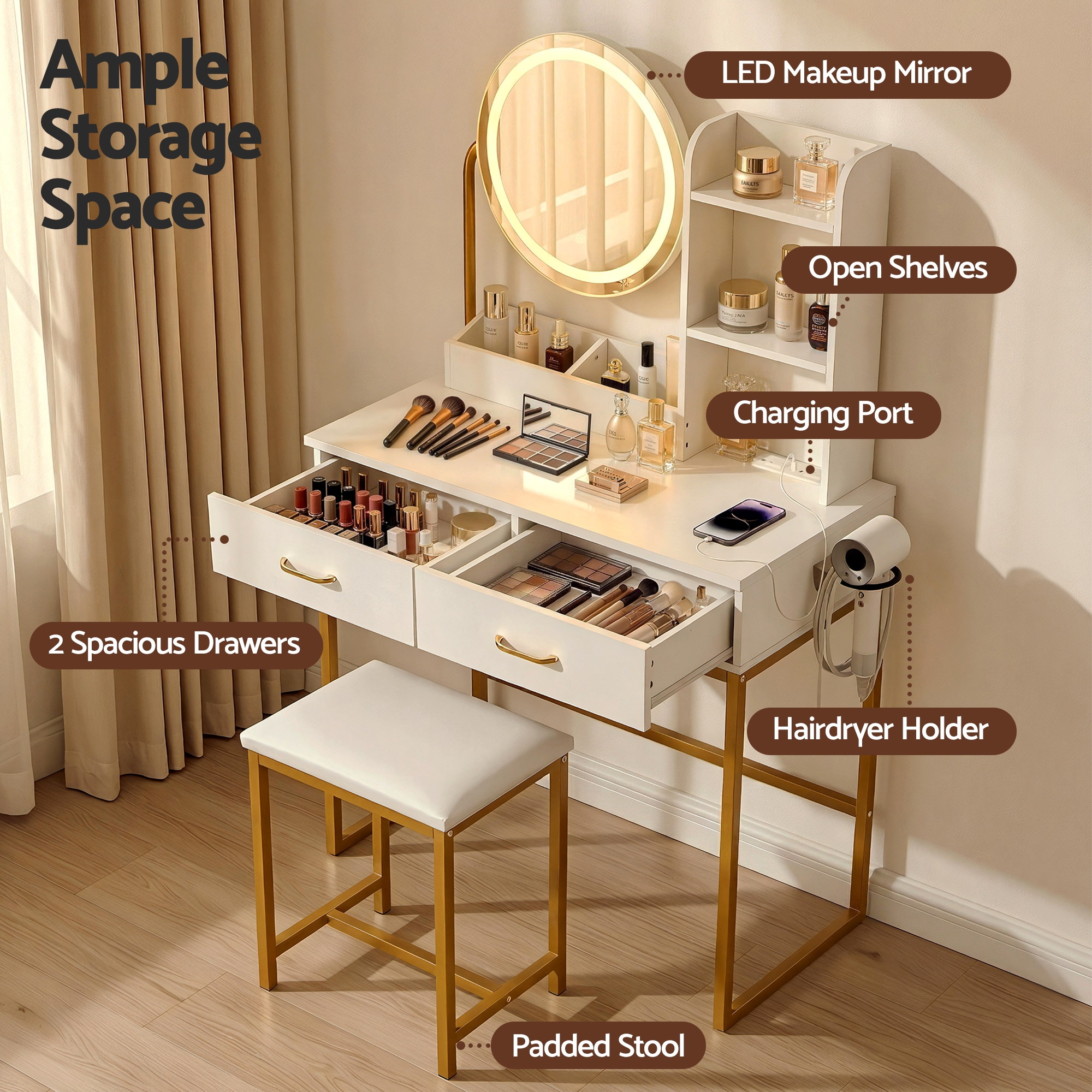 Artiss Dressing Table Vanity Desk Set Stool LED Charging Station White - Image 6