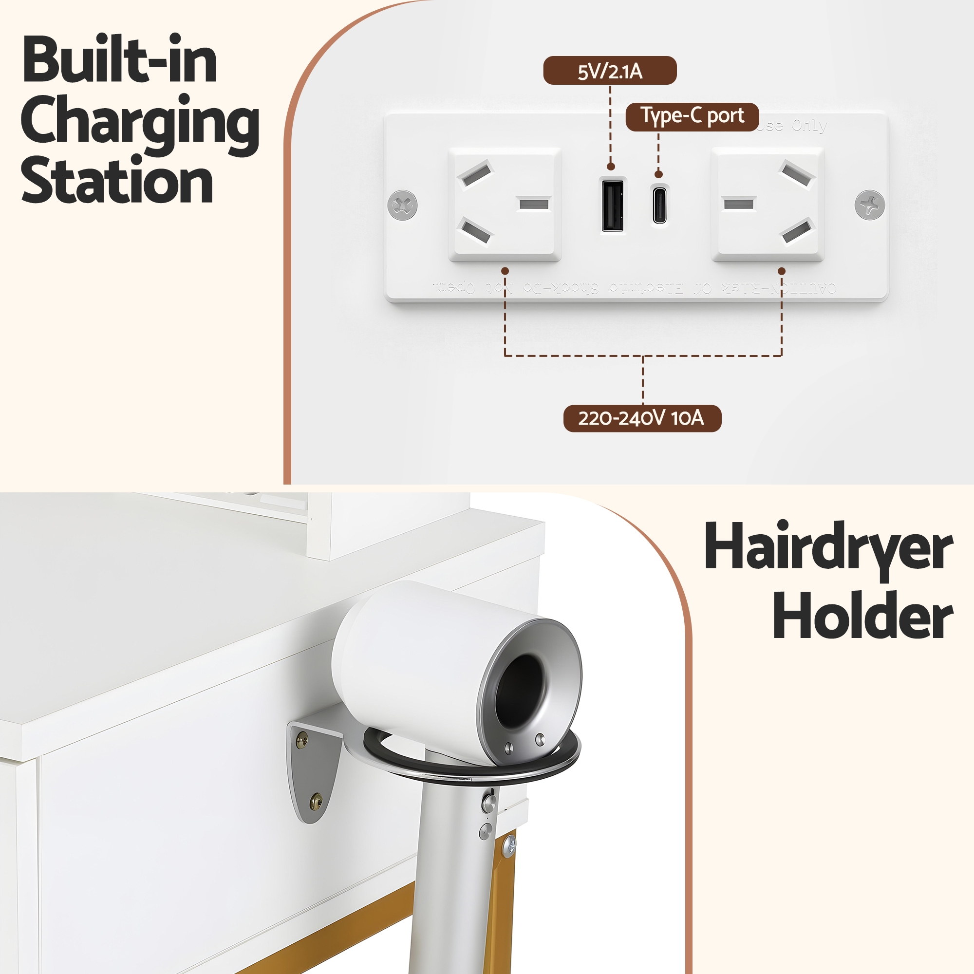 Artiss Dressing Table Vanity Desk Set Stool LED Charging Station White - Image 7