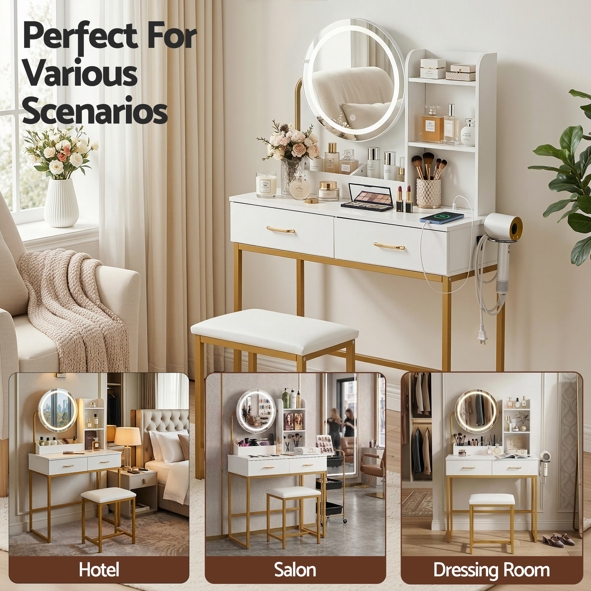 Artiss Dressing Table Vanity Desk Set Stool LED Charging Station White - Image 8
