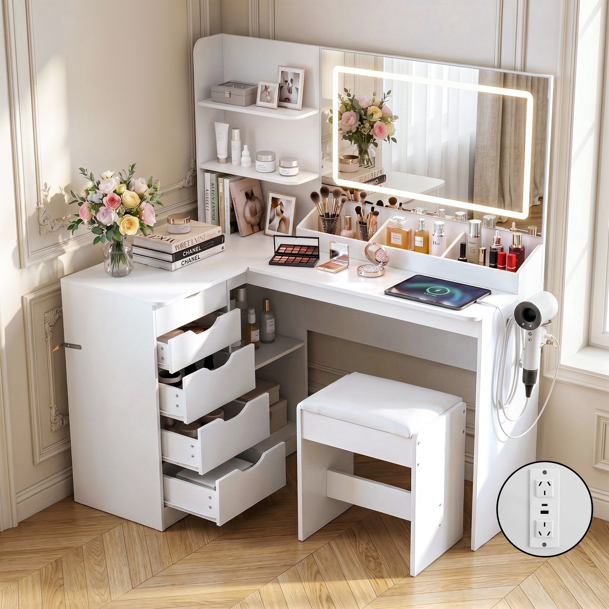 Artiss Dressing Table Corner Vanity Desk Set Stool LED Charging Station White - Image 1