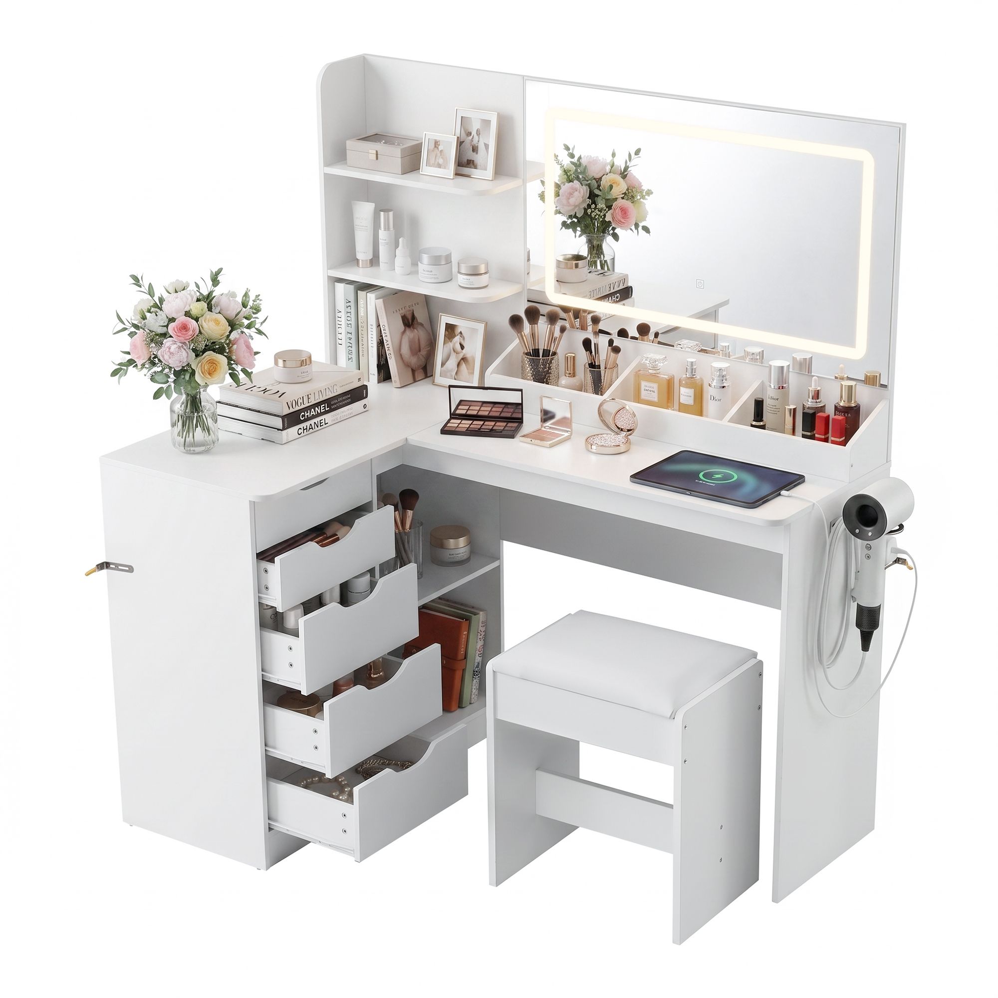 Artiss Dressing Table Corner Vanity Desk Set Stool LED Charging Station White - Image 2