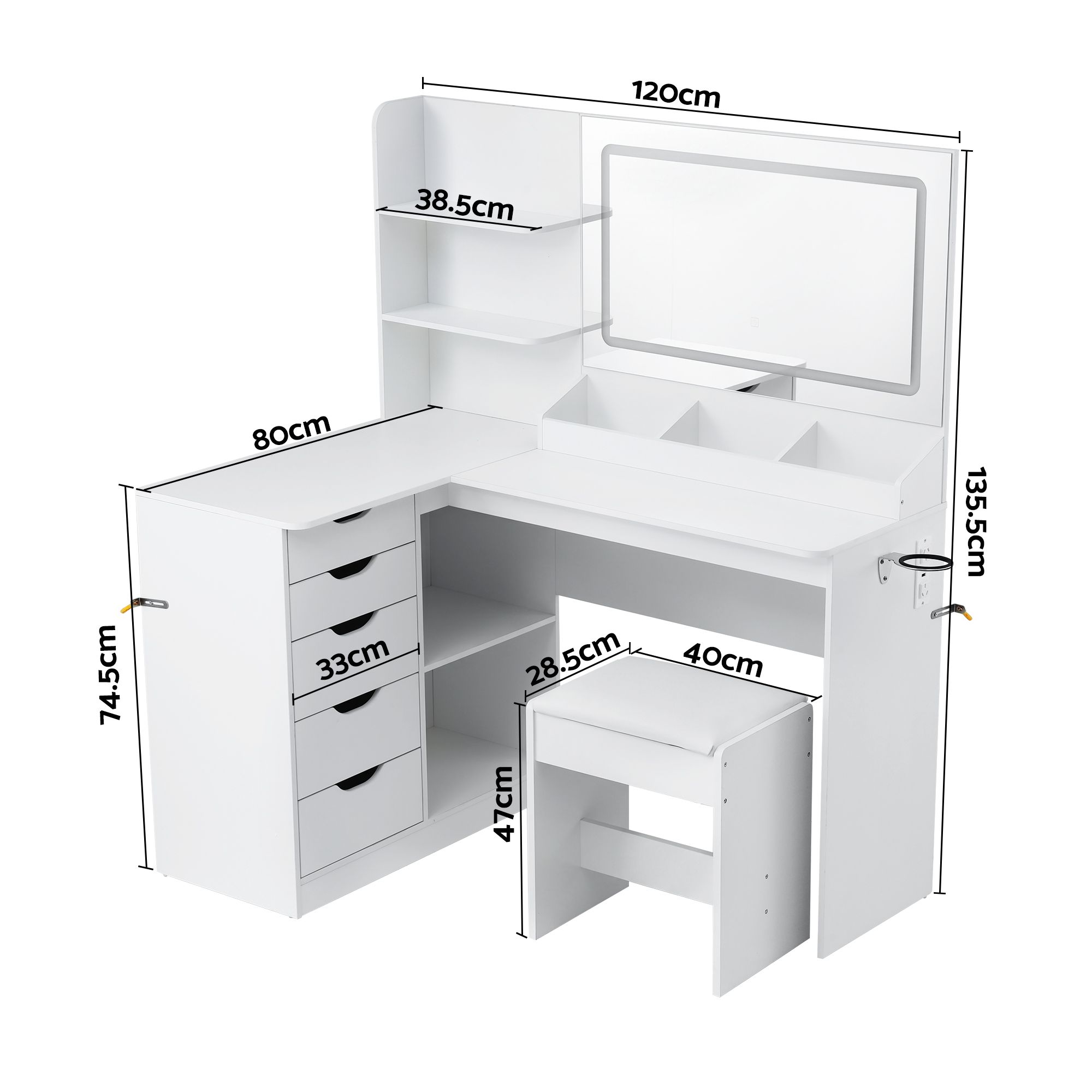 Artiss Dressing Table Corner Vanity Desk Set Stool LED Charging Station White - Image 3