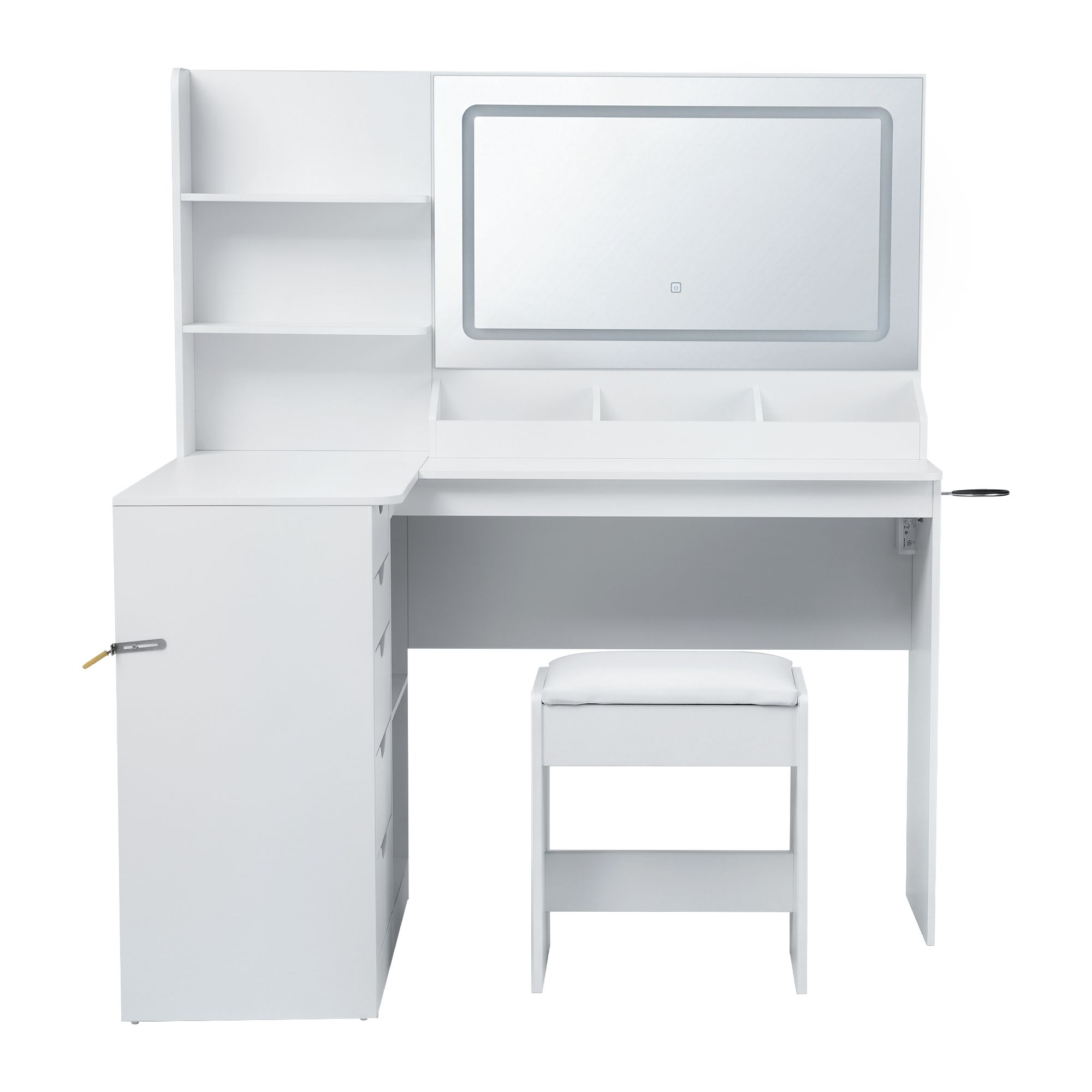 Artiss Dressing Table Corner Vanity Desk Set Stool LED Charging Station White - Image 4
